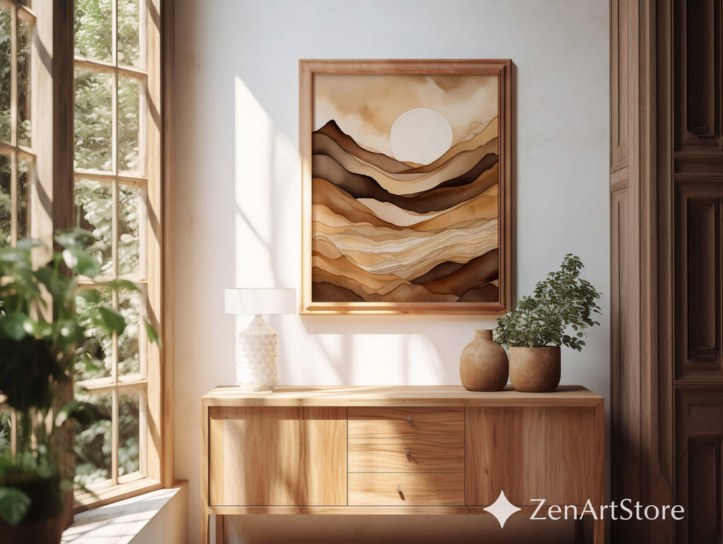 Neutral Abstract Landscape Wall Art - Beige Brown Minimalist Sun Print, Japandi Wabi Sabi Modern Home Decor, Printable or Canvas