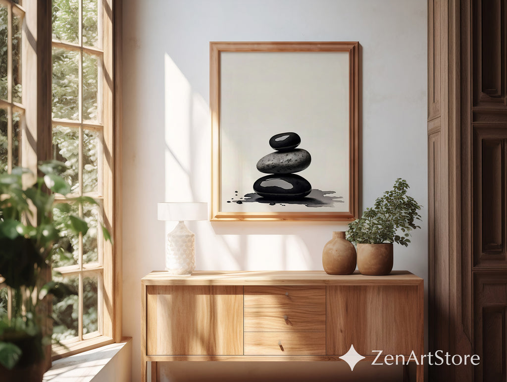 Zen Stone Stack Print - Minimal Black & Beige Spa Wall Art, Wabi Sabi Japandi Neutral Home Decor