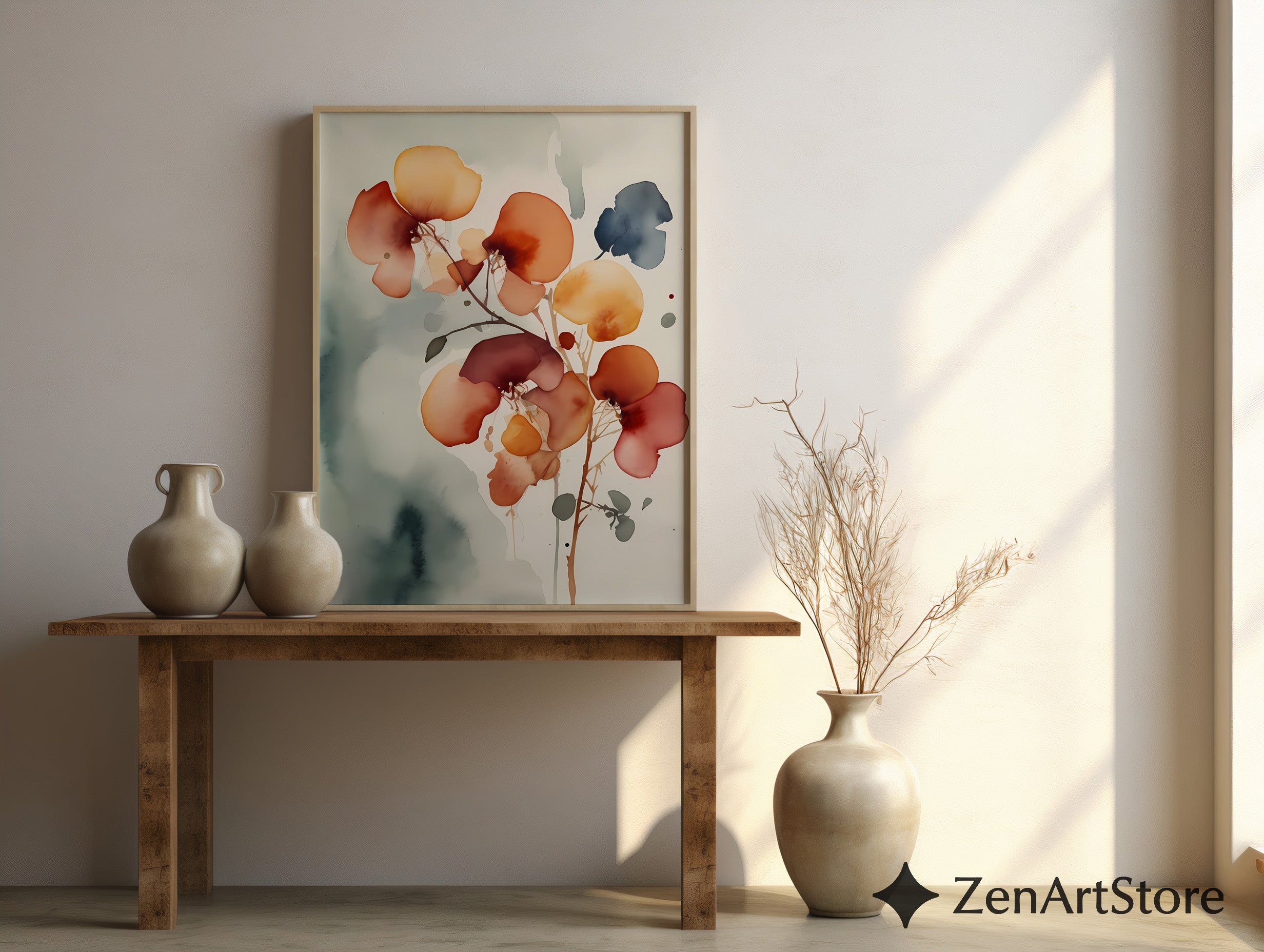 Abstract Floral Wall Art Print - Warm Rust & Ochre Minimal Botanical Japandi Wabi Sabi Neutral Home Decor