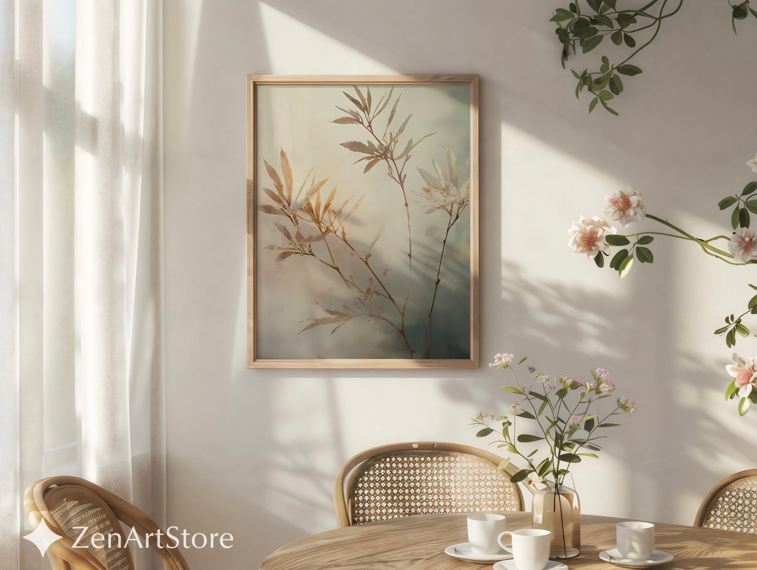 Neutral Botanical Wall Art Print - Japandi Minimalist Plant Painting, Beige Wabi Sabi Home Decor