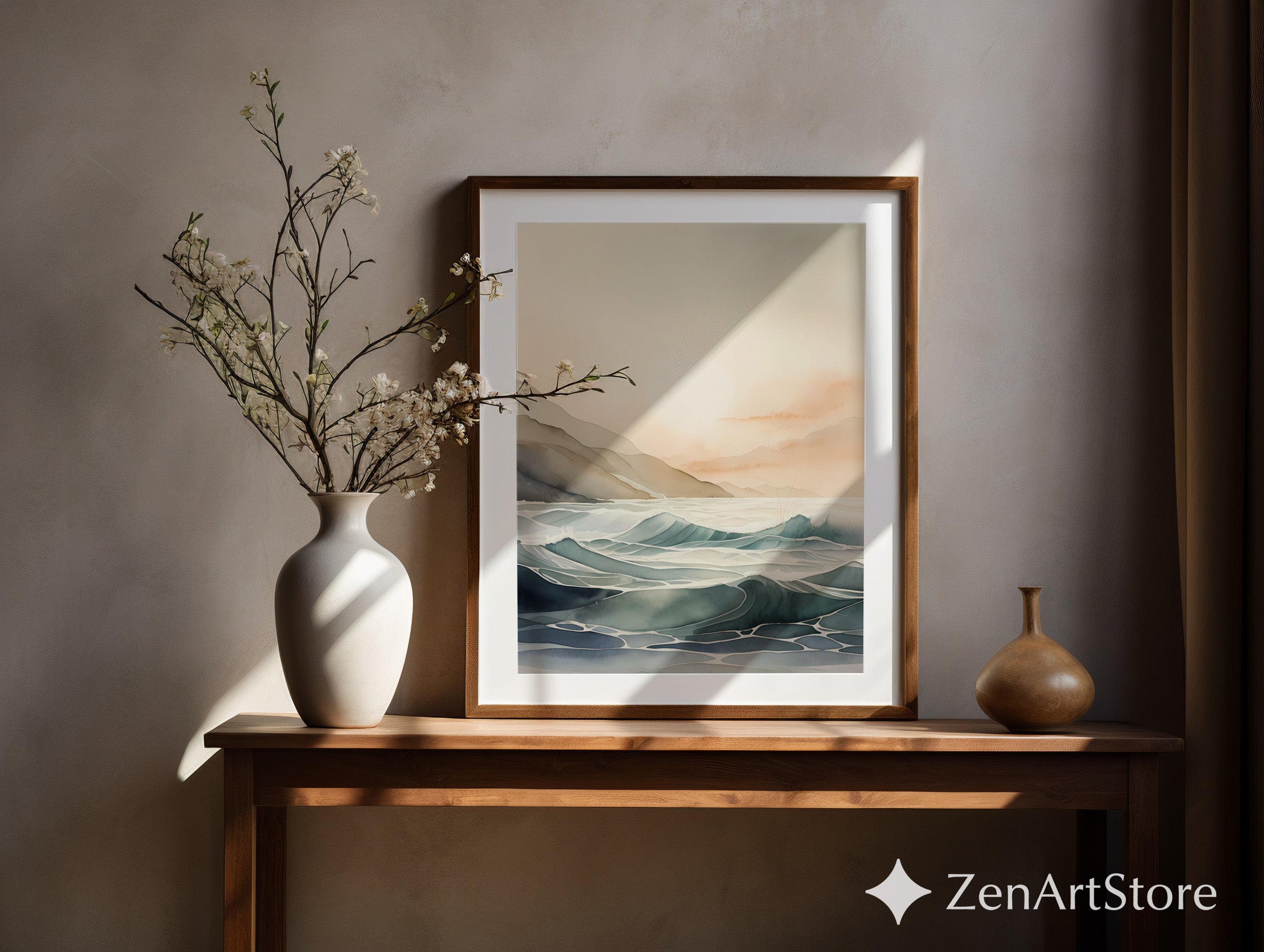 Calm Coastal Sunrise Seascape - Minimal Japandi Ocean Wall Art, Neutral Beige & Blue Landscape Print for Living Room