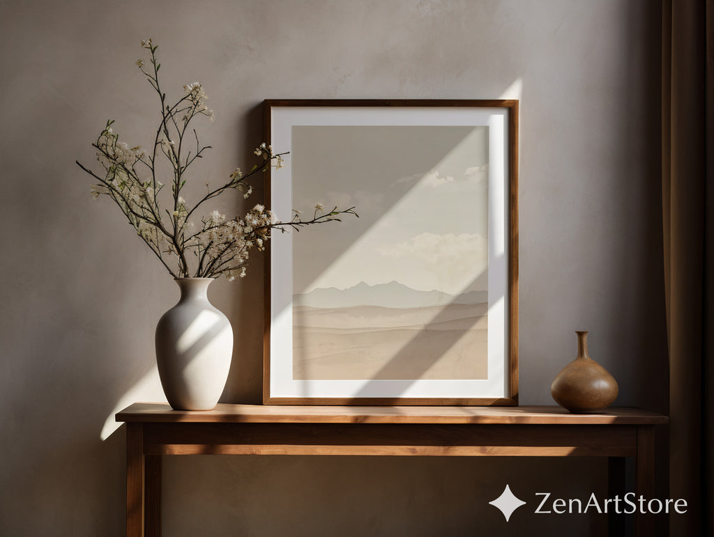 Neutral Desert Landscape Wall Art - Minimal Beige Mountain Print, Japandi Scandi Boho Home Decor