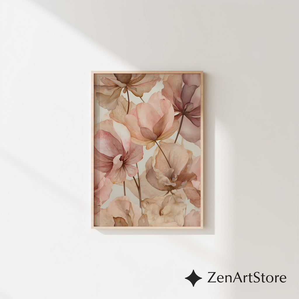 Blush Floral Wall Art Print - Soft Pink Beige Botanical Canvas for Neutral Japandi, Minimal Home Decor