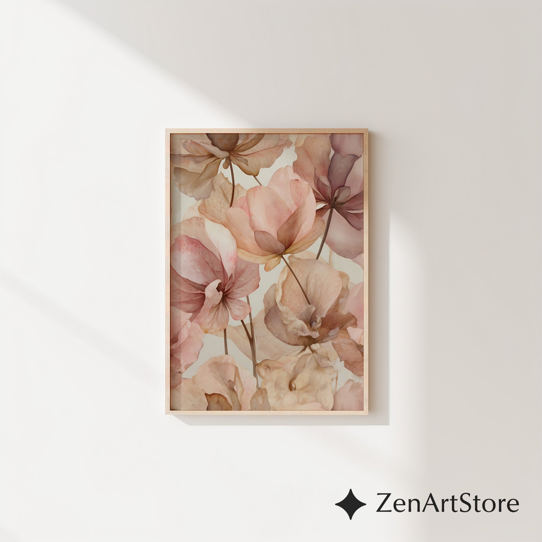 Blush Floral Wall Art Print - Soft Pink Beige Botanical Canvas for Neutral Japandi, Minimal Home Decor