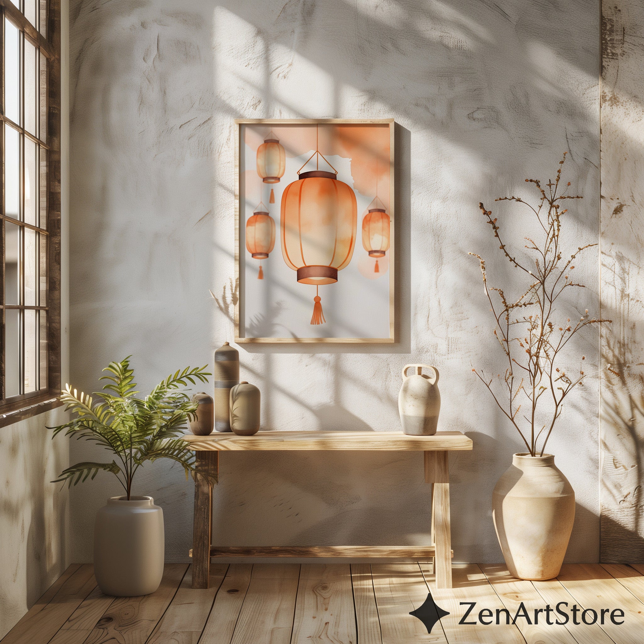 Warm Orange Lantern Wall Art - Minimal Paper Lantern Print, Japandi Zen Home Decor, Digital Download & Fine Art Print