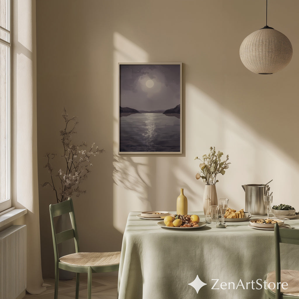 Moonlit Lake Minimalist Wall Art - Calming Neutral Landscape Print for Bedroom, Living Room, Japandi & Scandinavian Decor
