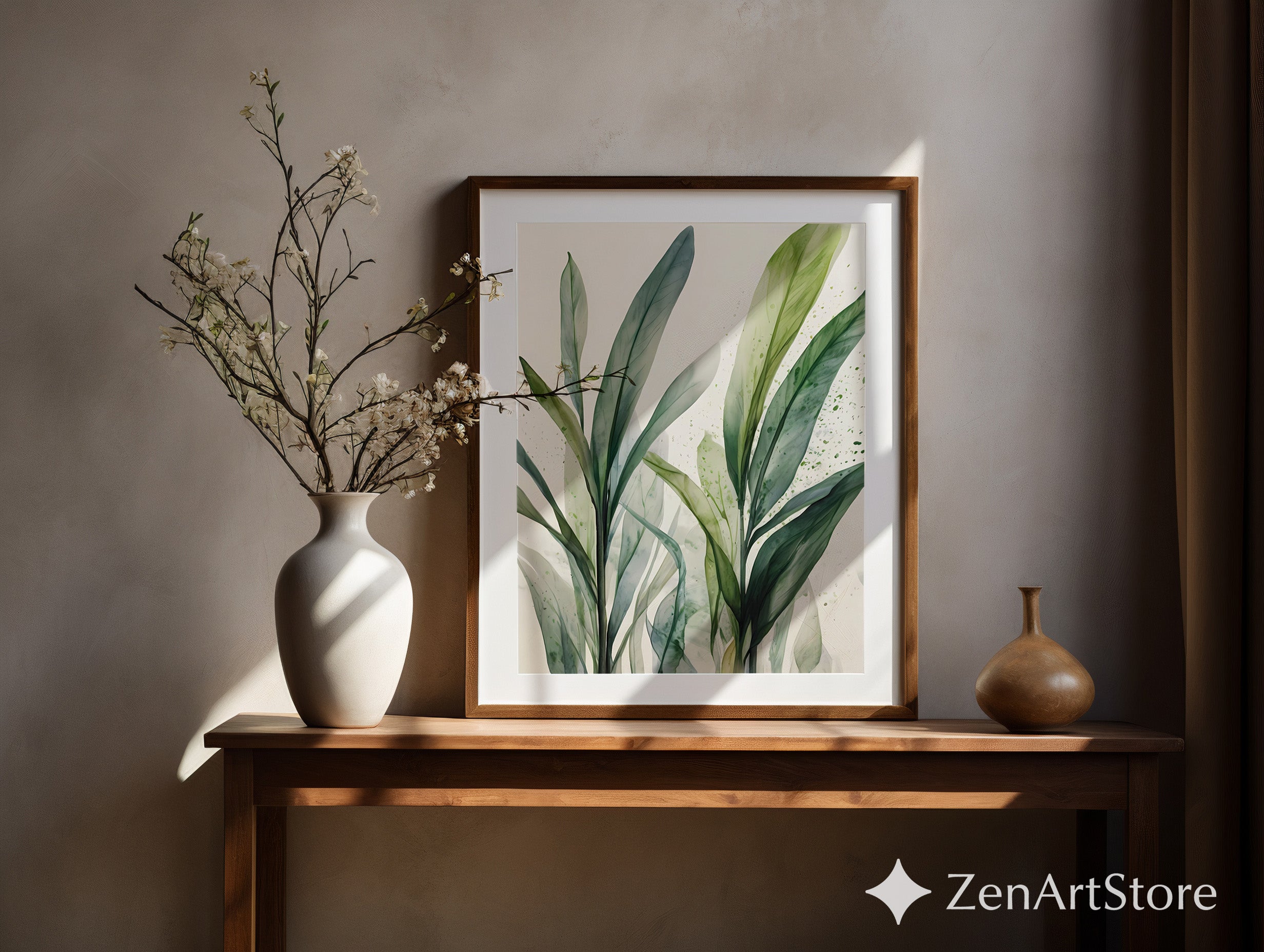 Minimal Green Leaves Wall Art - Botanical Watercolor Print for Japandi & Scandinavian Home Decor