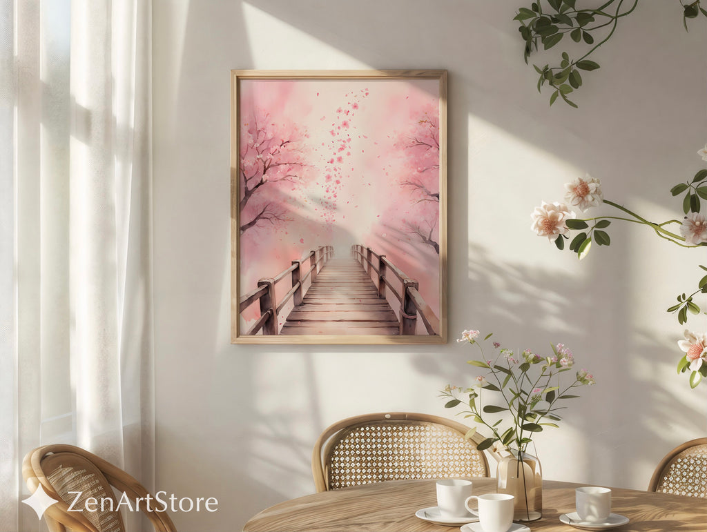 Cherry Blossom Bridge Wall Art - Pink Sakura Canvas Print & Printable, Japandi Minimalist Home Decor