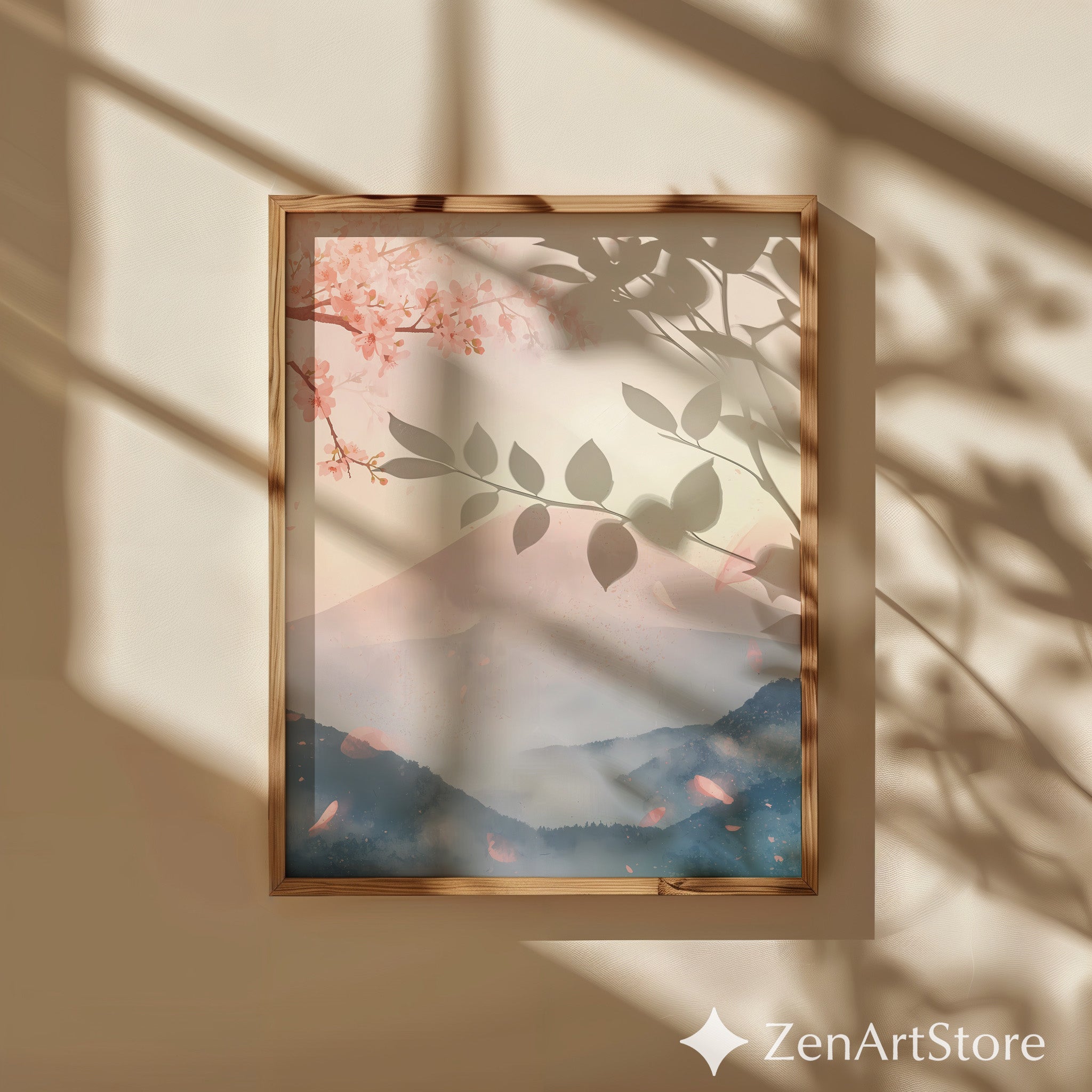 Sakura Mist Pastel Japanese Mountain Wall Art - Cherry Blossom Zen Print for Living Room, Japandi Minimal Home Decor