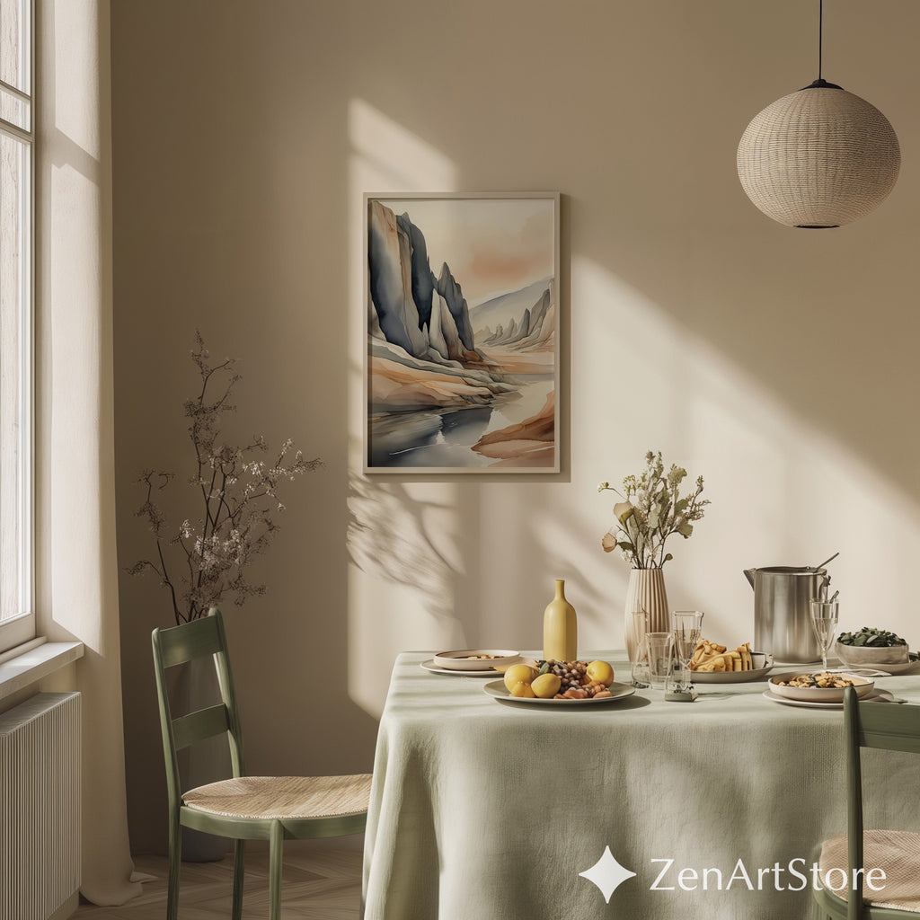 Neutral Abstract Landscape Art Print — Japandi Minimalist Mountain Wall Art, Beige & Slate Home Decor