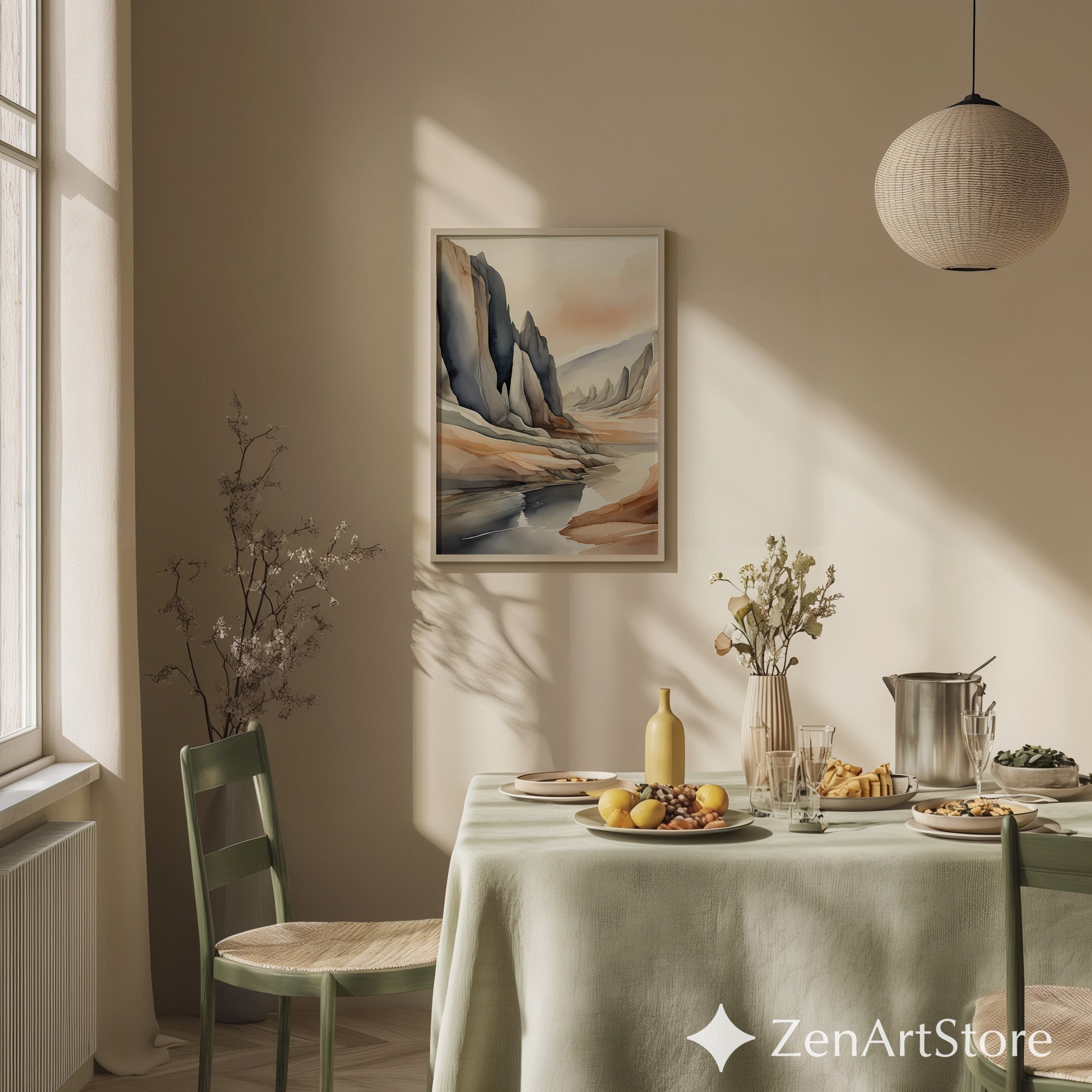 Neutral Abstract Landscape Art Print — Japandi Minimalist Mountain Wall Art, Beige & Slate Home Decor