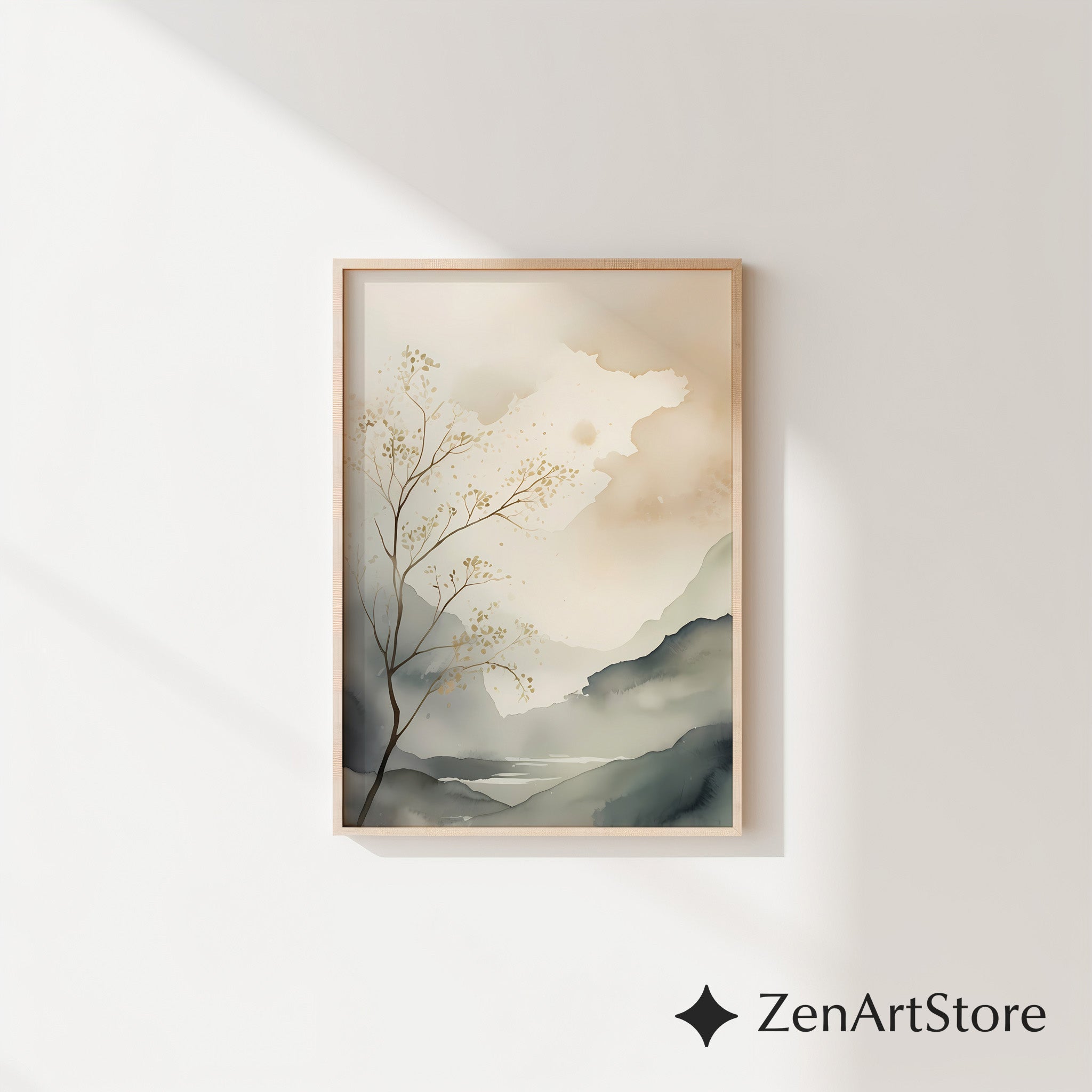 Calm Neutral Landscape Art Print - Minimal Japandi Wabi Sabi Botanical Wall Decor for Living Room & Bedroom