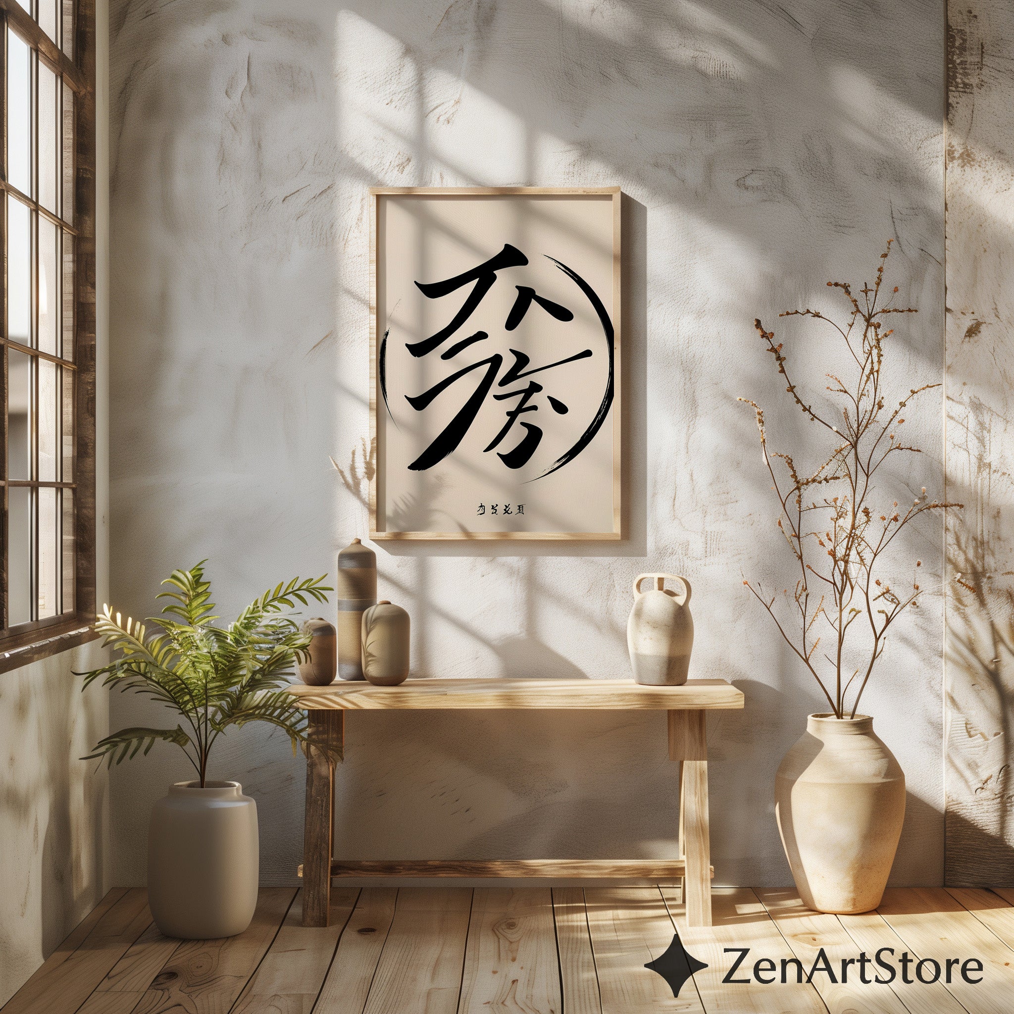 Minimalist Asian Calligraphy Wall Art - Zen Black Brush Stroke on Soft Beige - Japandi Wabi Sabi Modern Poster