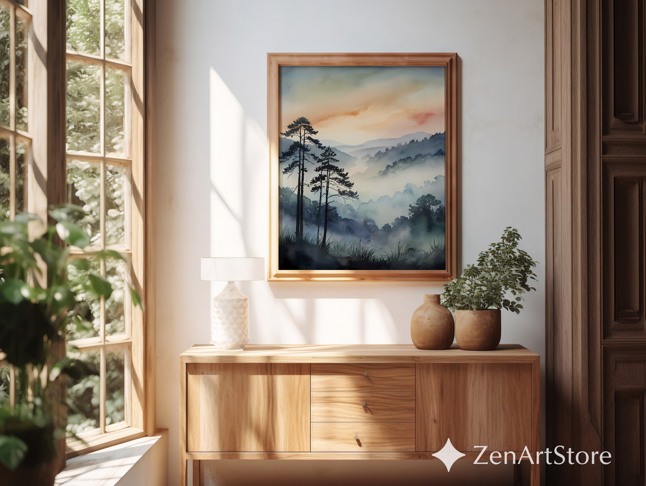 Misty Mountain Sunrise Watercolor Print | Zen Japandi Wall Art, Minimal Tree Silhouette Landscape, Neutral Home Decor Printable