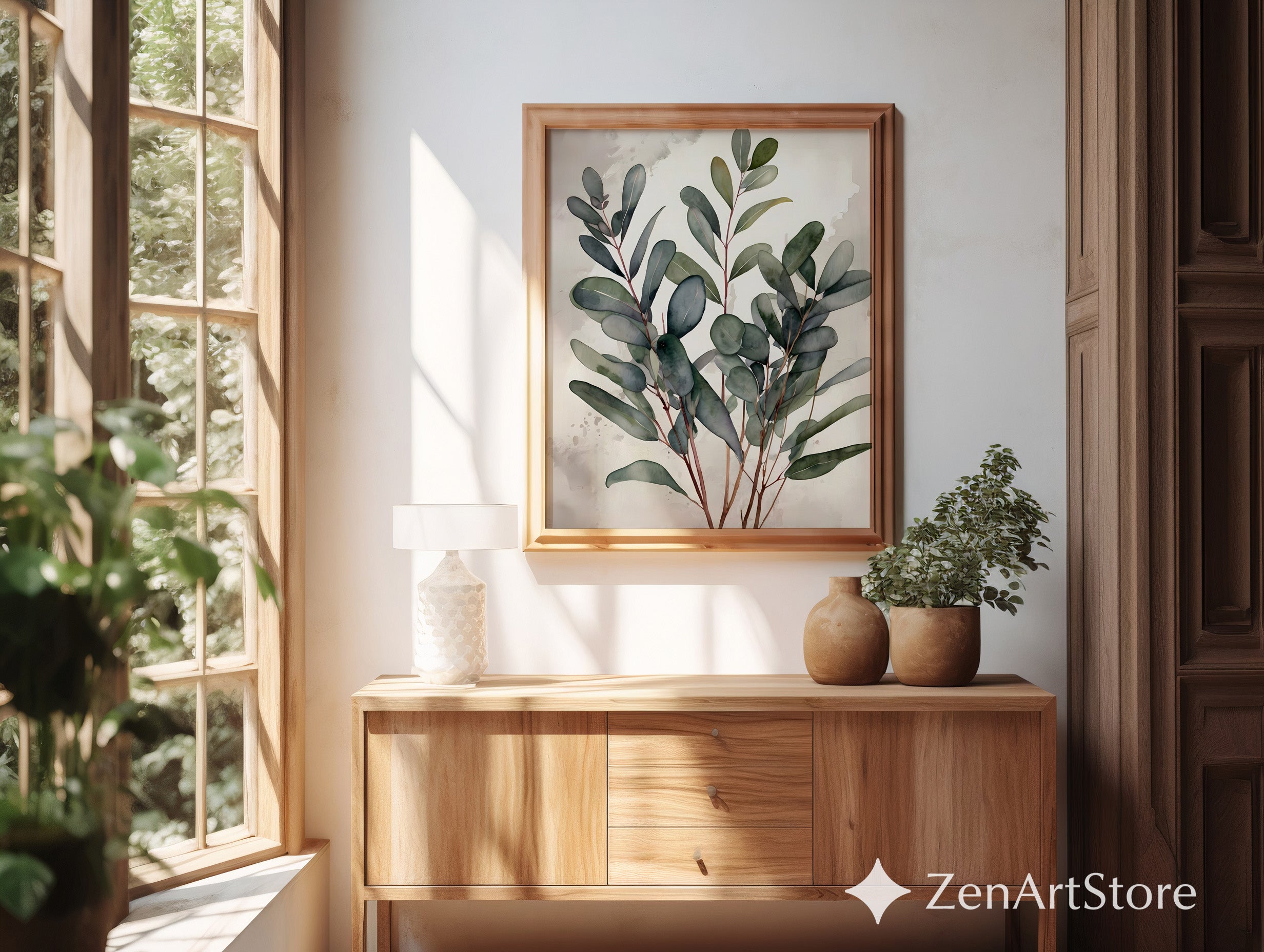 Minimal Eucalyptus Botanical Wall Art - Neutral Japandi Watercolor Print for Living Room Bedroom - Calm Scandinavian Plant Poster
