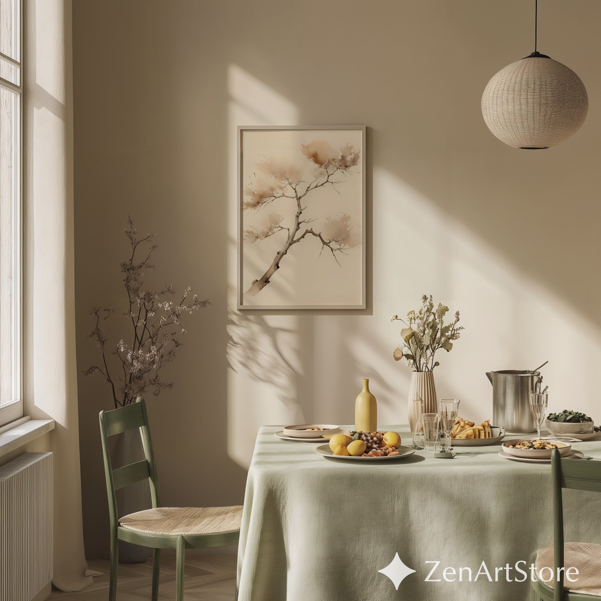 Neutral Zen Branch Watercolor Print - Minimal Japandi Botanical Wall Art in Beige & Brown for Modern Home Decor