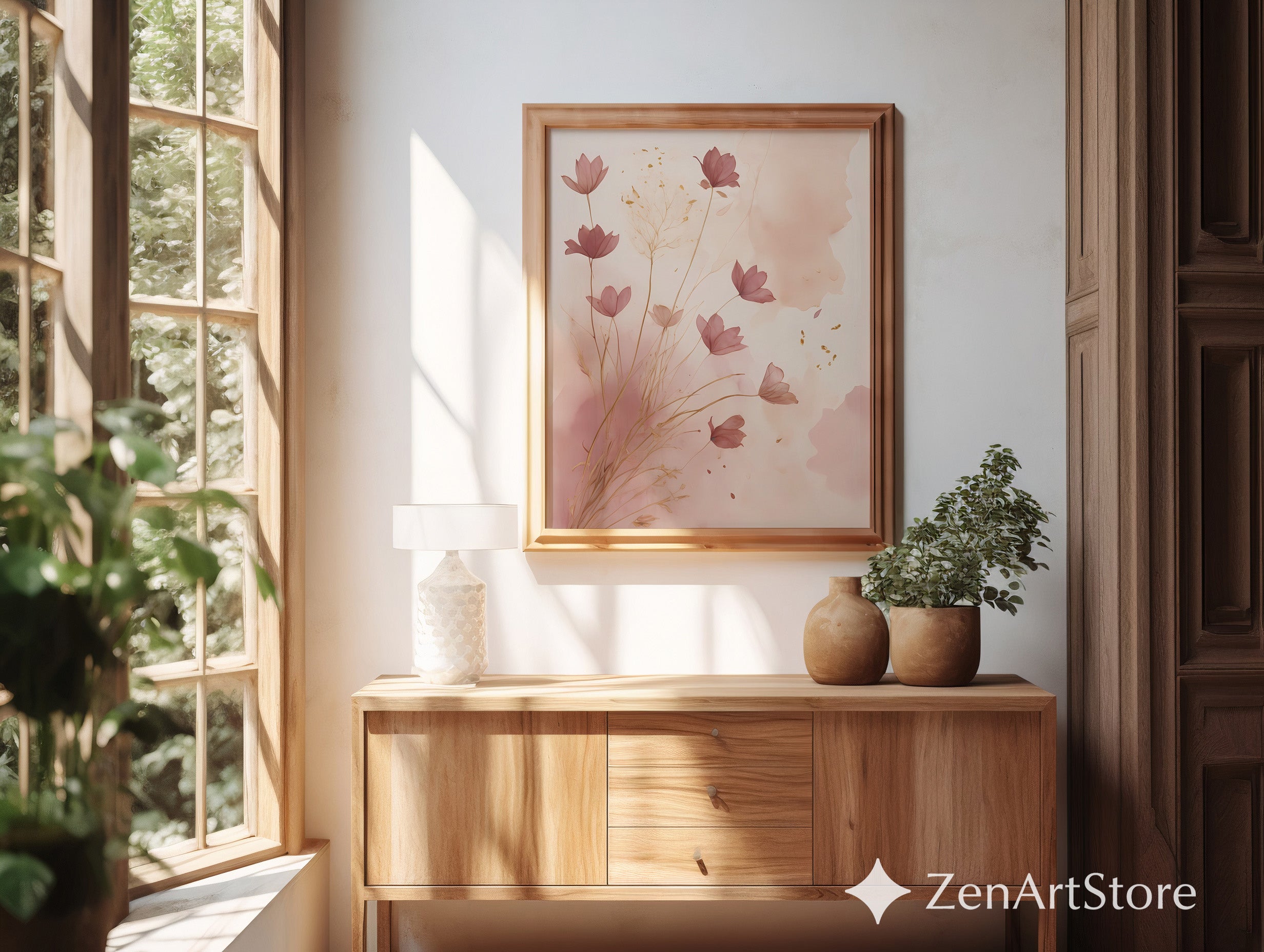 Blush Pink Floral Wall Art - Minimal Botanical Watercolor with Gold Accents | Japandi Wabi Sabi Neutral Decor