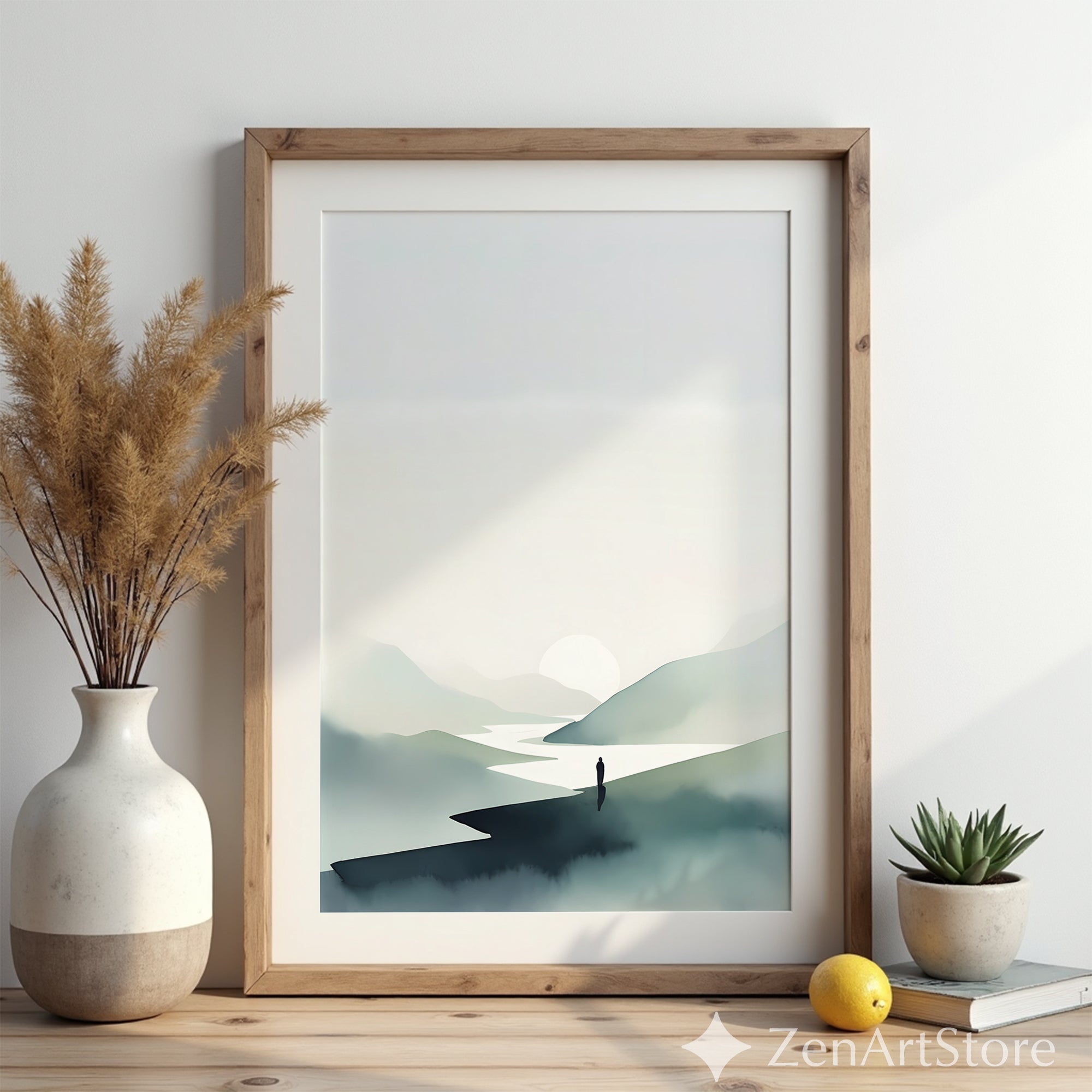Minimalist Mountain Print - Zen Landscape Wall Art, Japandi Neutral Sun & River, Scandinavian Calm Home Decor