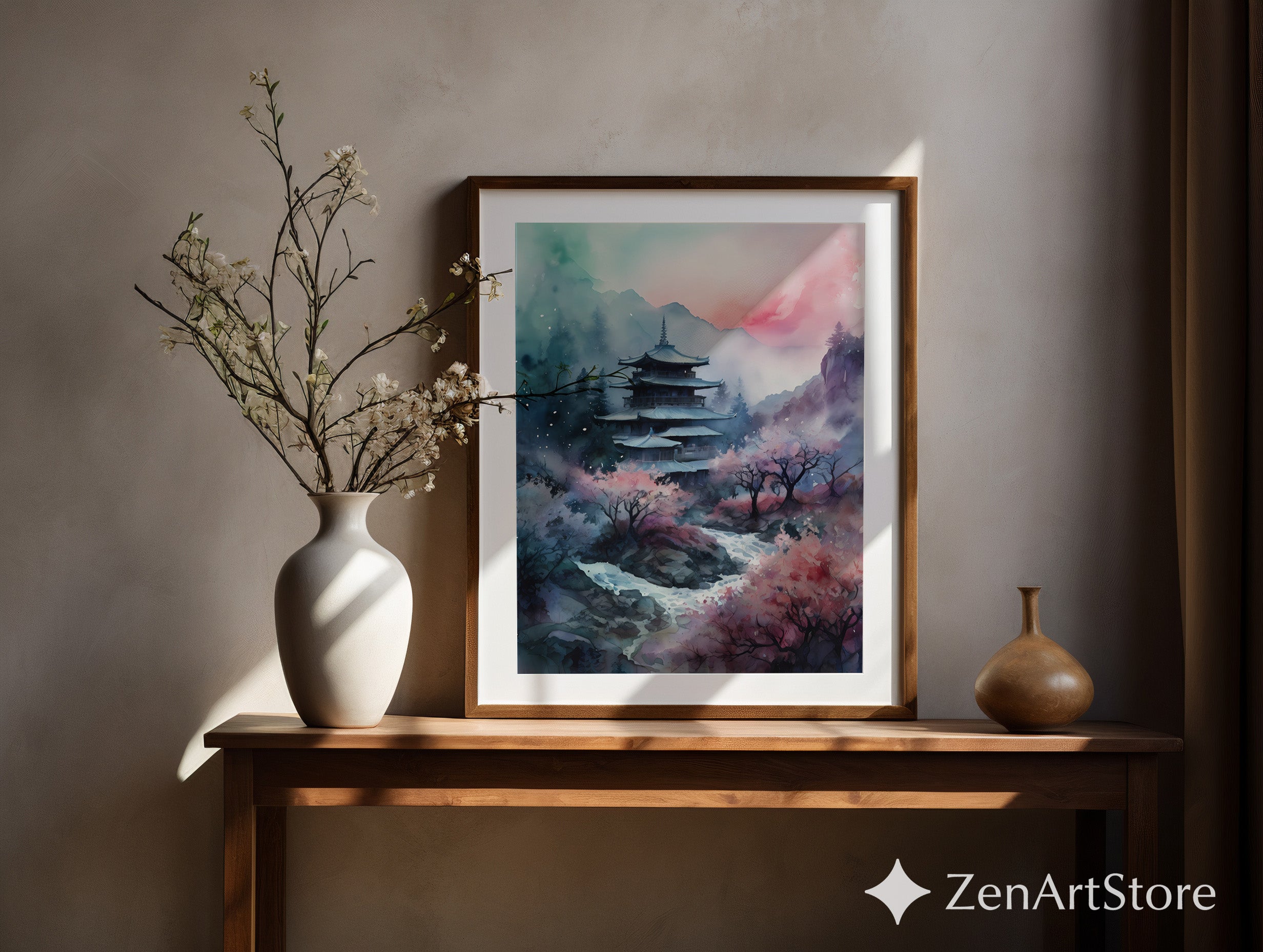 Serene Japanese Pagoda Print with Cherry Blossoms - Watercolor Zen Landscape Wall Art for Home