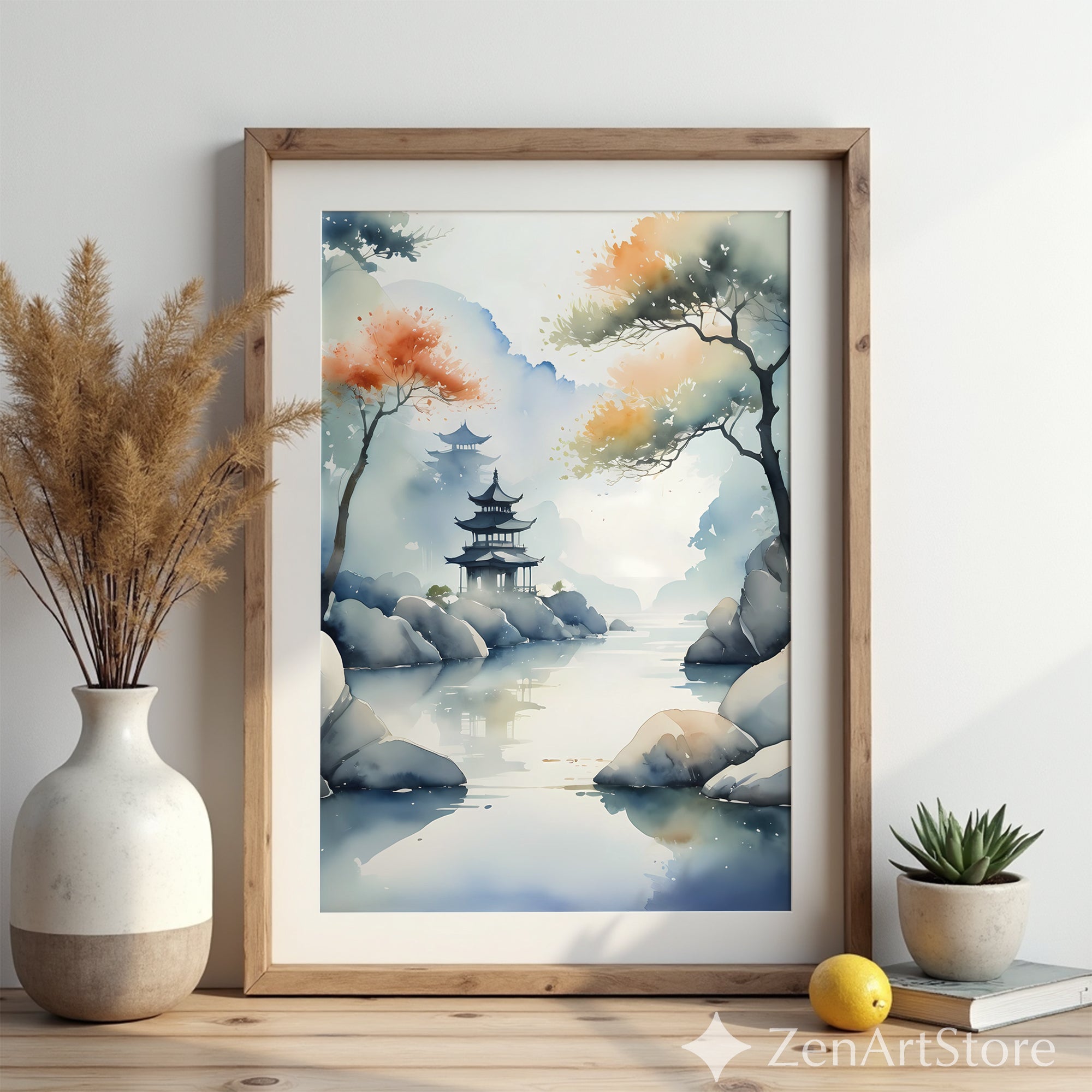 Misty Pagoda Watercolor Print - Zen Japandi Landscape Wall Art, Minimal Neutral Home Decor