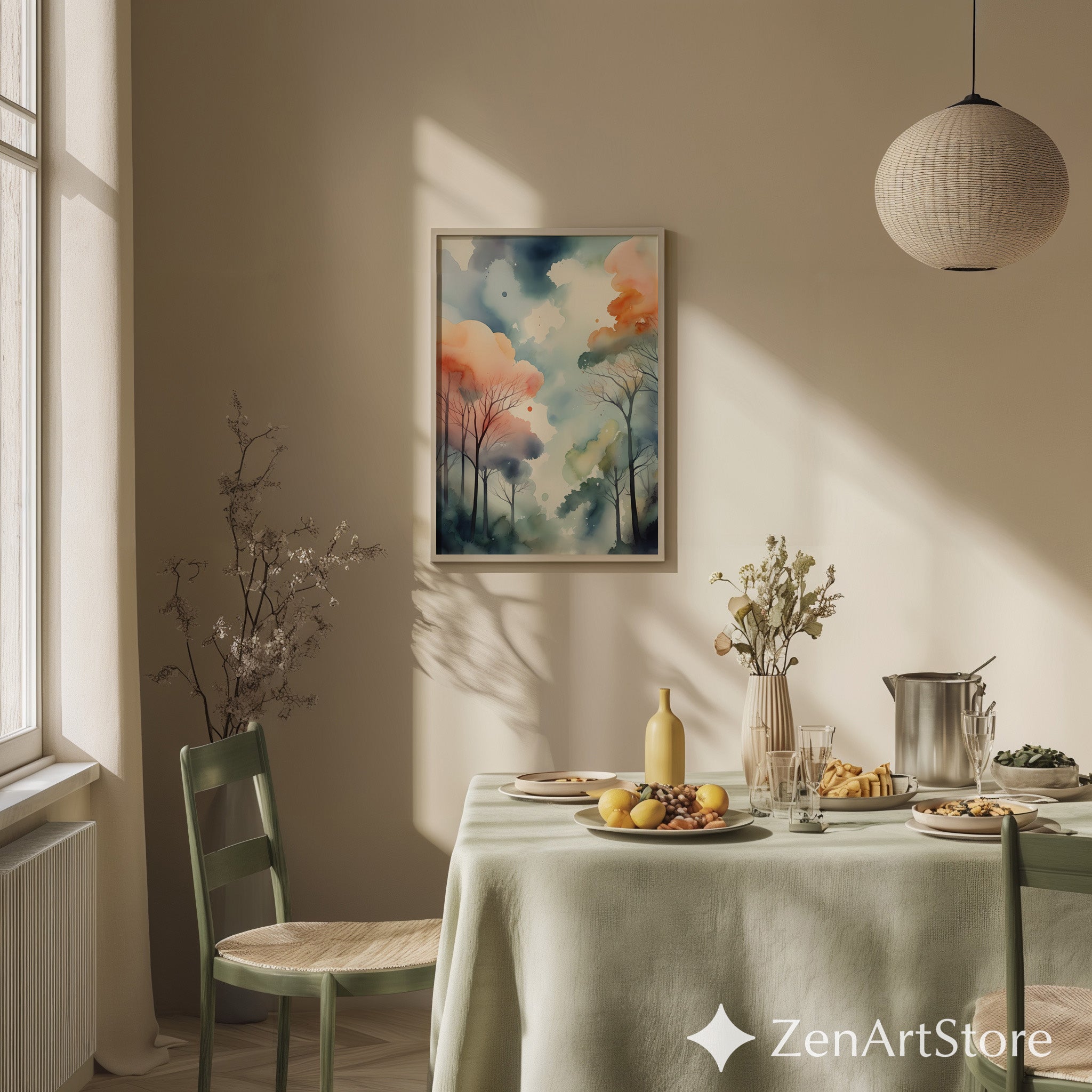 Misty Watercolor Forest Print — Pastel Abstract Trees Wall Art for Living Room, Bedroom, Nursery (Zen Japandi Minimal)