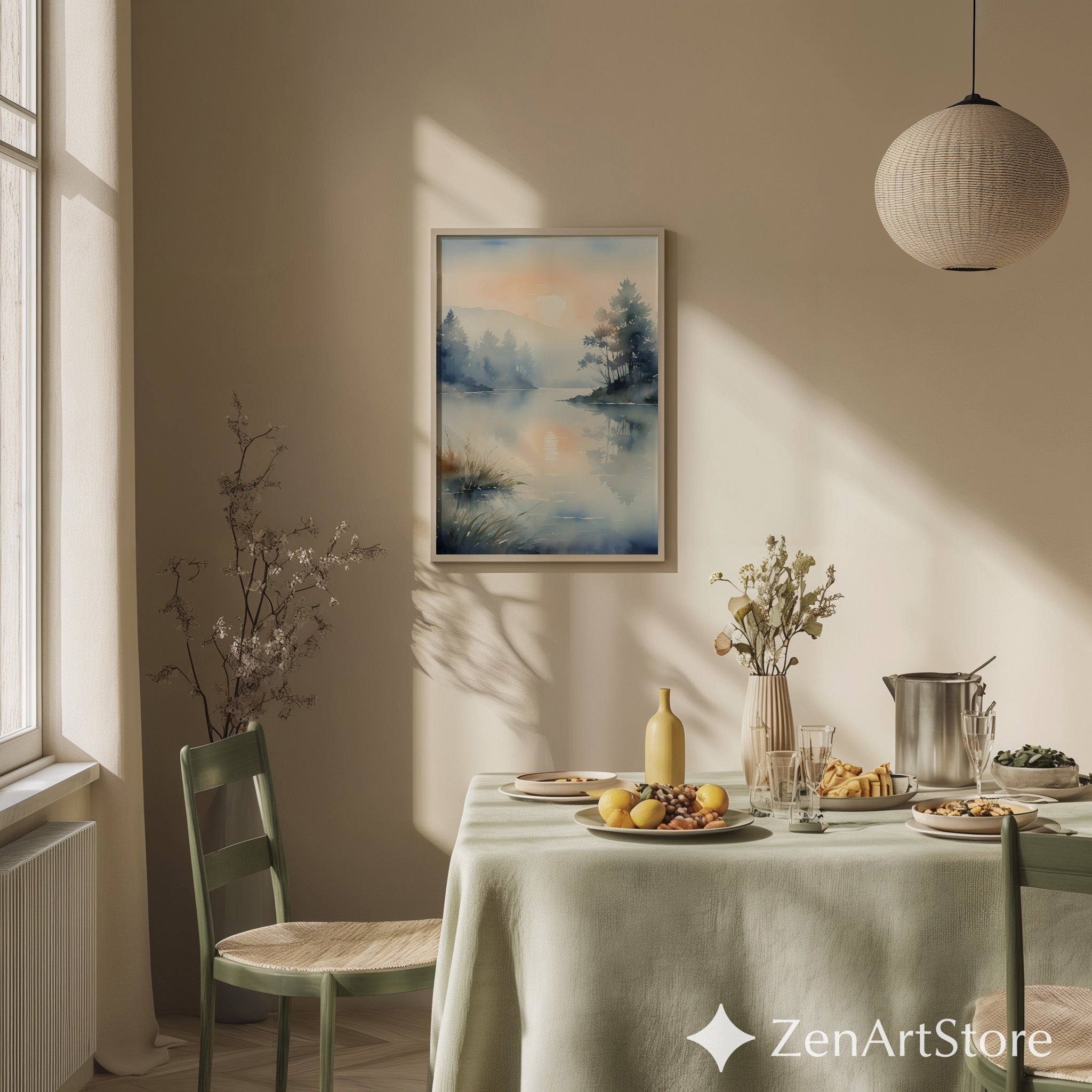 Misty Lake Sunrise Watercolor Print – Zen Minimal Landscape Wall Art, Japandi Neutral Home Decor, Calm Scandinavian Nature Poster