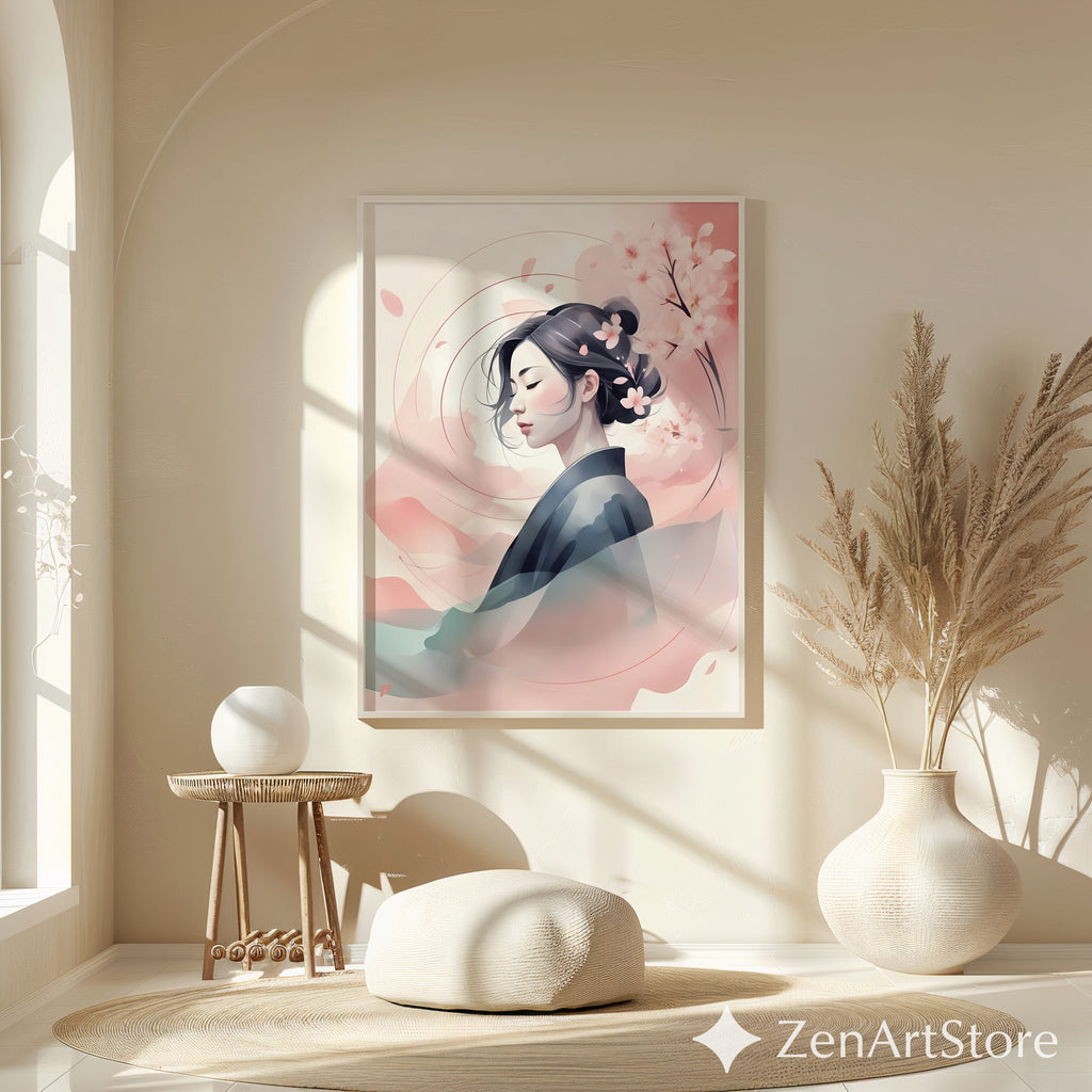 Serene Sakura Portrait Print - Japandi Minimal Cherry Blossom Wall Art, Zen Pastel Home Decor