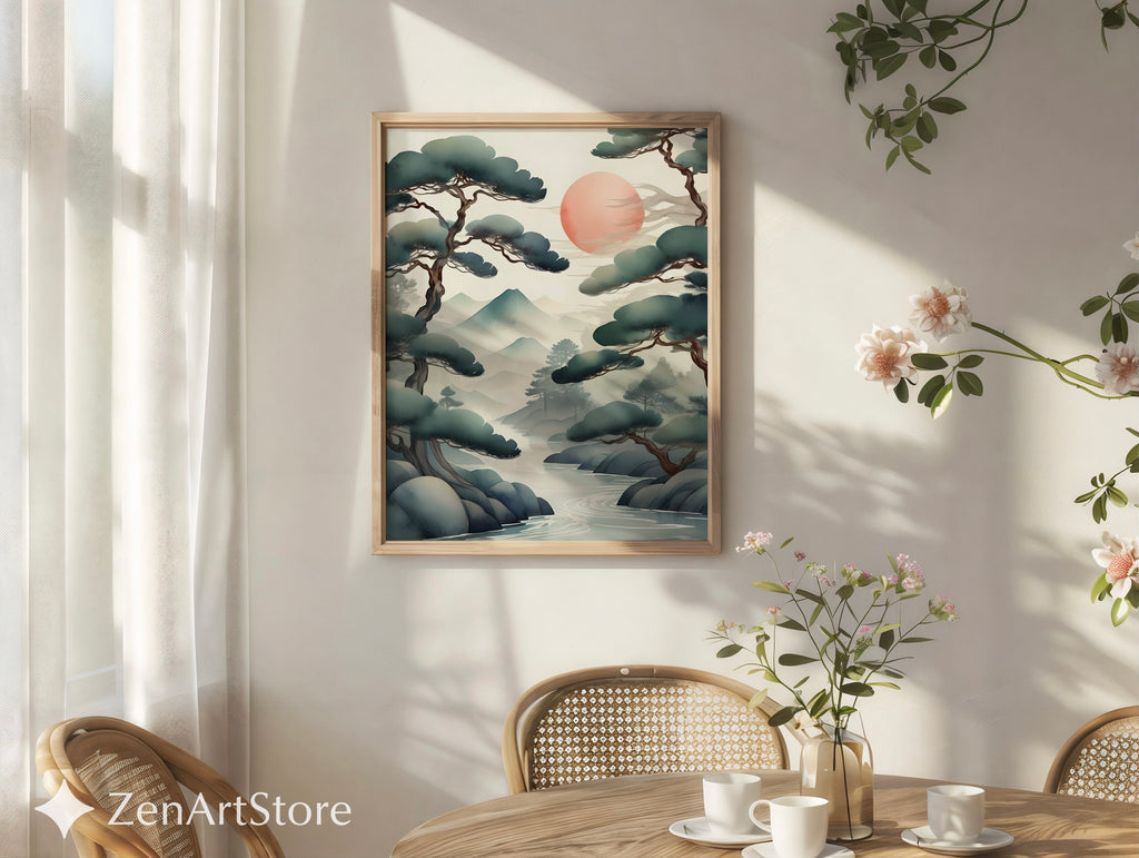 Zen Japanese Landscape Print Misty Pines & Red Sun - Japandi Minimalist Wall Art, Calm Neutral Home Decor (Print or Digital)