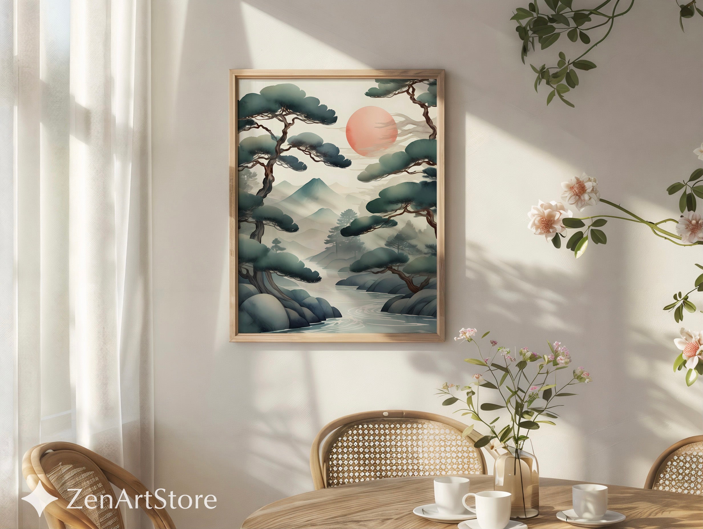Zen Japanese Landscape Print Misty Pines & Red Sun - Japandi Minimalist Wall Art, Calm Neutral Home Decor (Print or Digital)