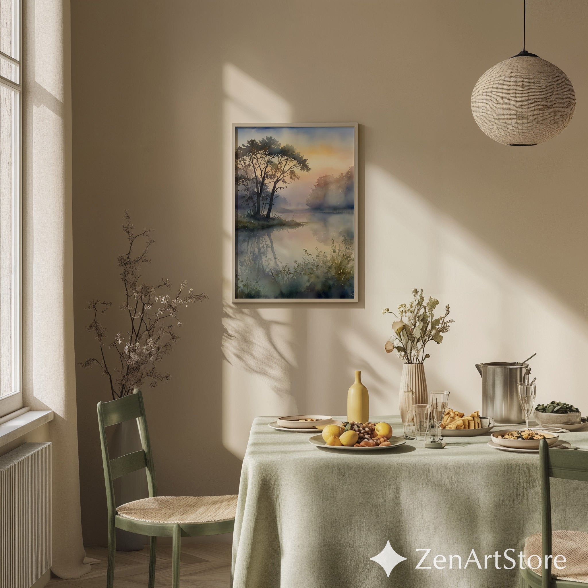 Misty Lake Watercolor Print - Serene Landscape Wall Art for Living Room, Bedroom, Japandi Wabi Sabi Neutral Home Decor