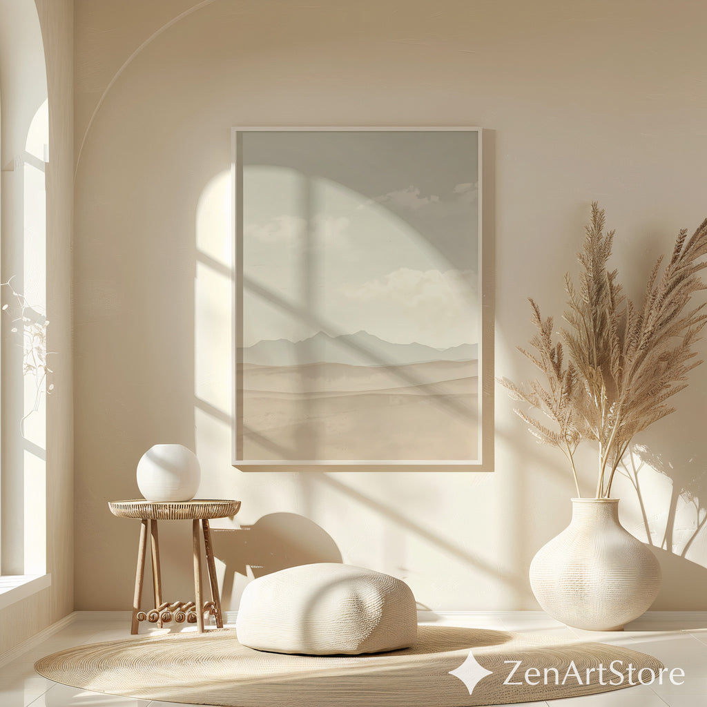 Neutral Desert Landscape Wall Art - Minimal Beige Mountain Print, Japandi Scandi Boho Home Decor