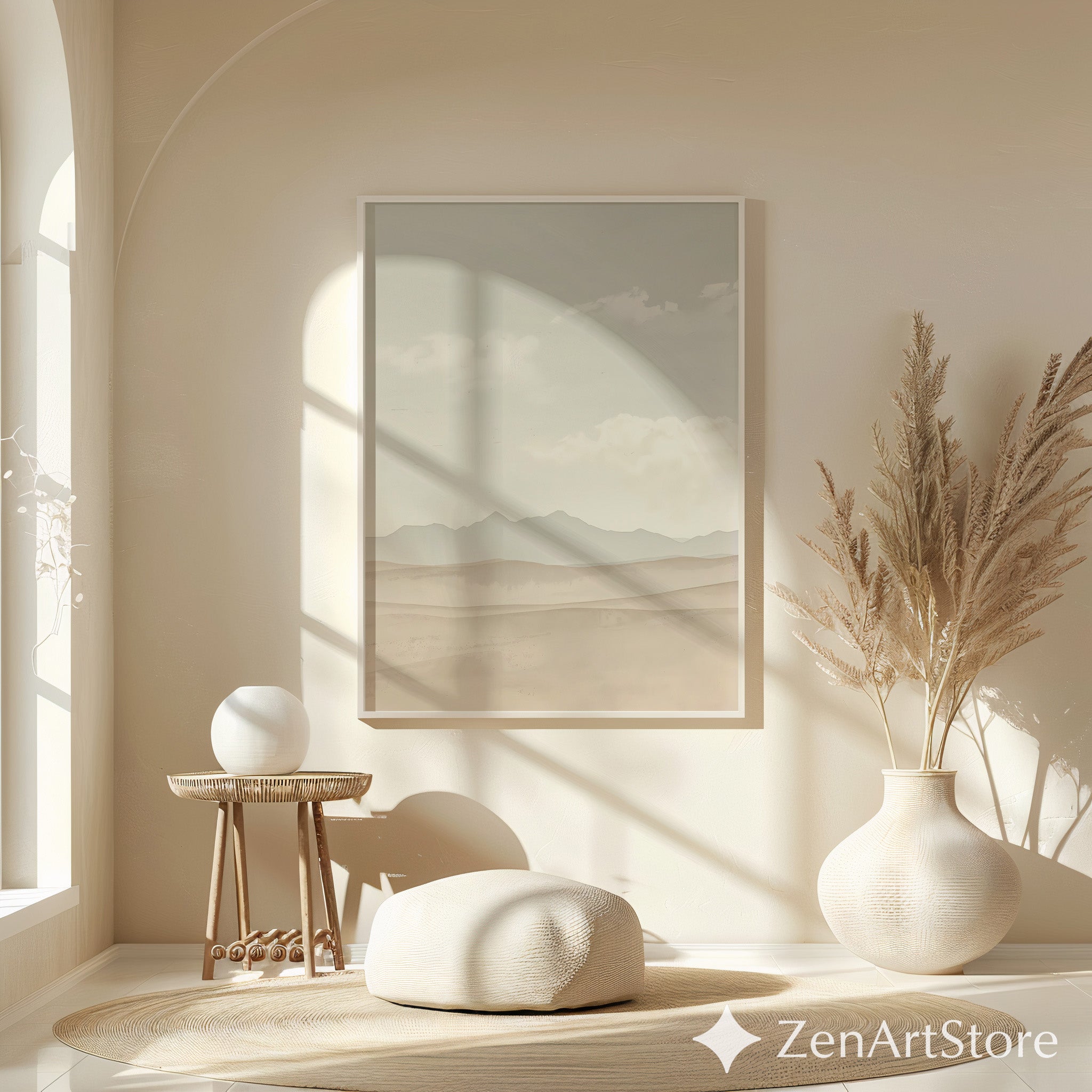 Neutral Desert Landscape Wall Art - Minimal Beige Mountain Print, Japandi Scandi Boho Home Decor