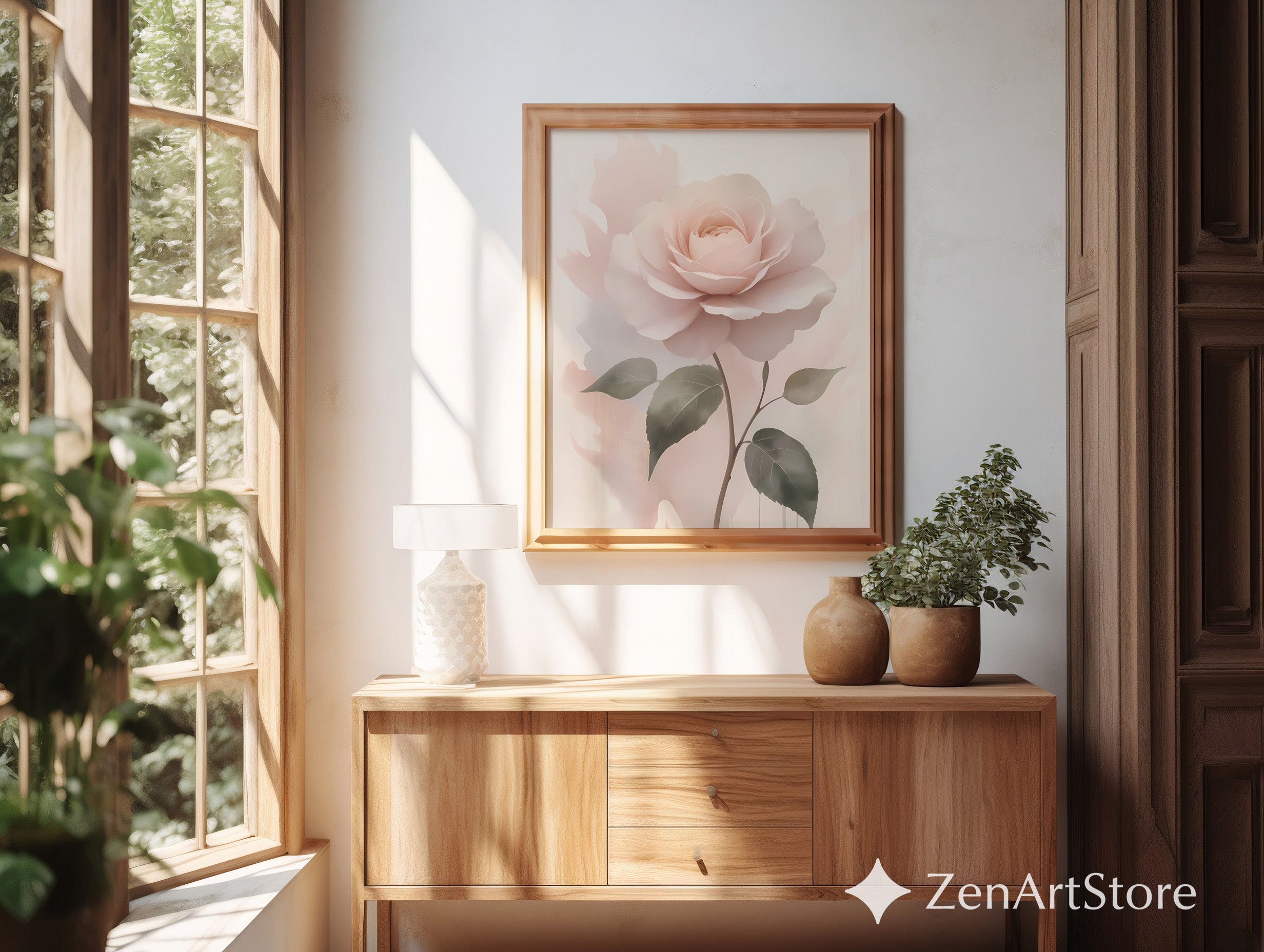 Blush Rose Wall Art Print - Soft Pastel Botanical Rose, Minimal Floral Nursery & Bedroom Decor, Neutral Modern Printable