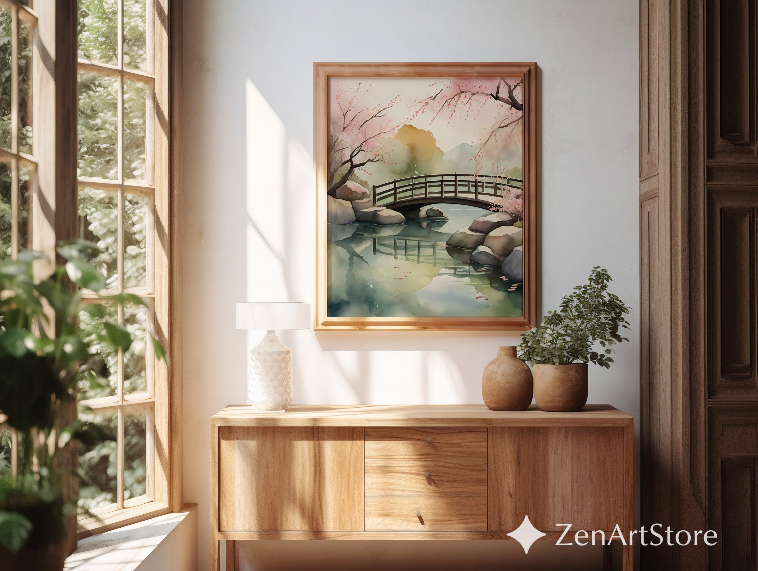 Serene Japanese Bridge Watercolor Print - Cherry Blossom Wall Art, Zen Japandi Minimal Landscape for Neutral Home Decor
