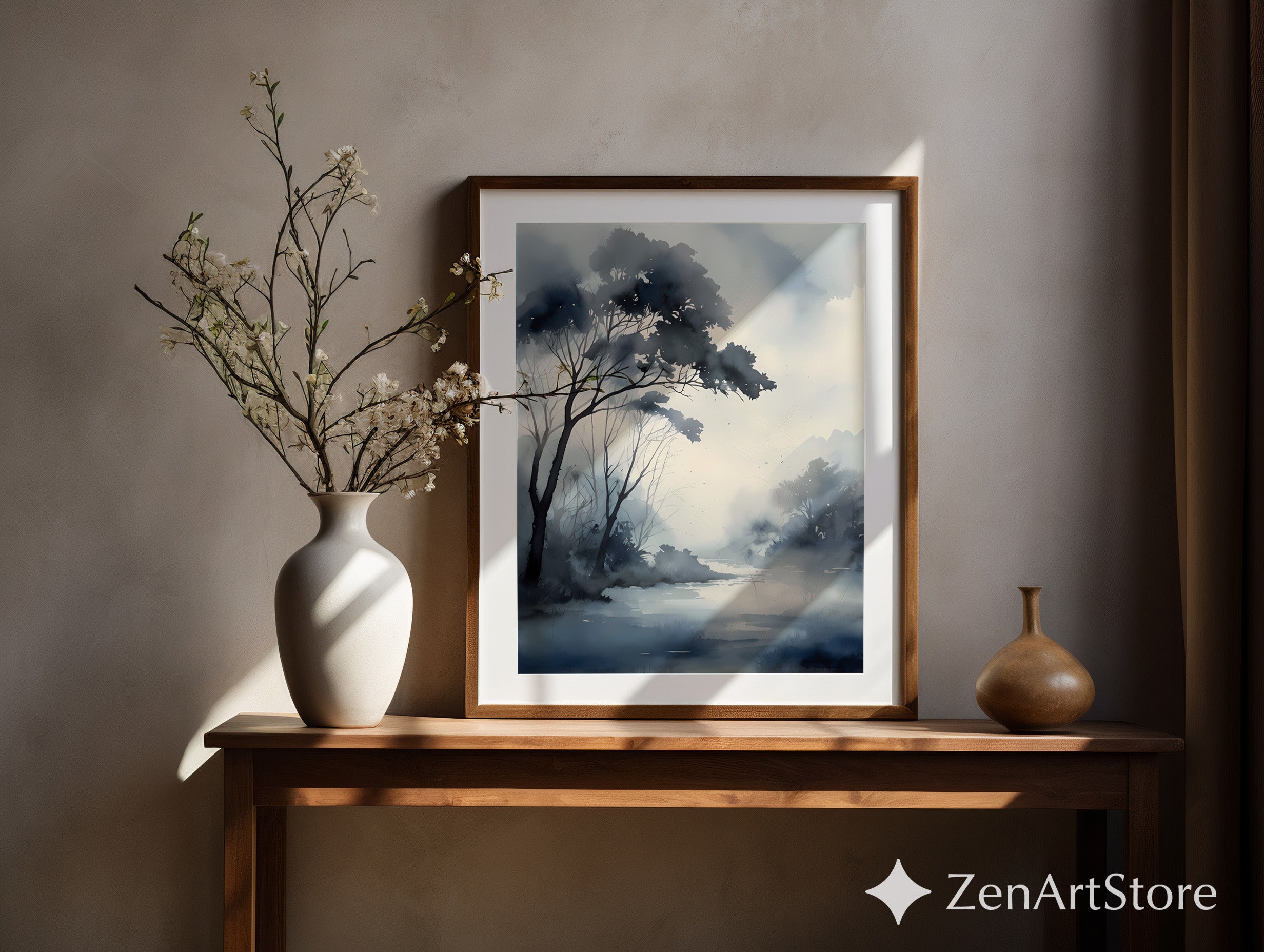 Misty Blue-Gray Watercolor Landscape Print - Zen Minimalist Japandi Wall Art for Living Room, Bedroom, Office