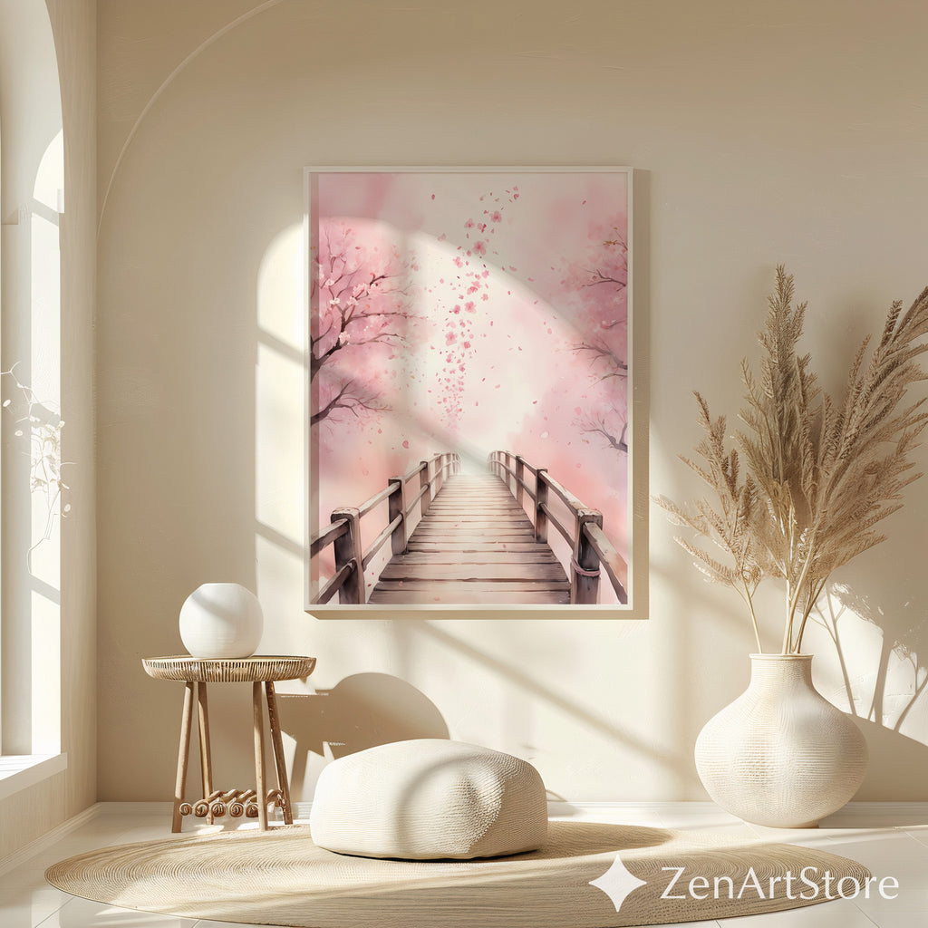 Cherry Blossom Bridge Wall Art - Pink Sakura Canvas Print & Printable, Japandi Minimalist Home Decor