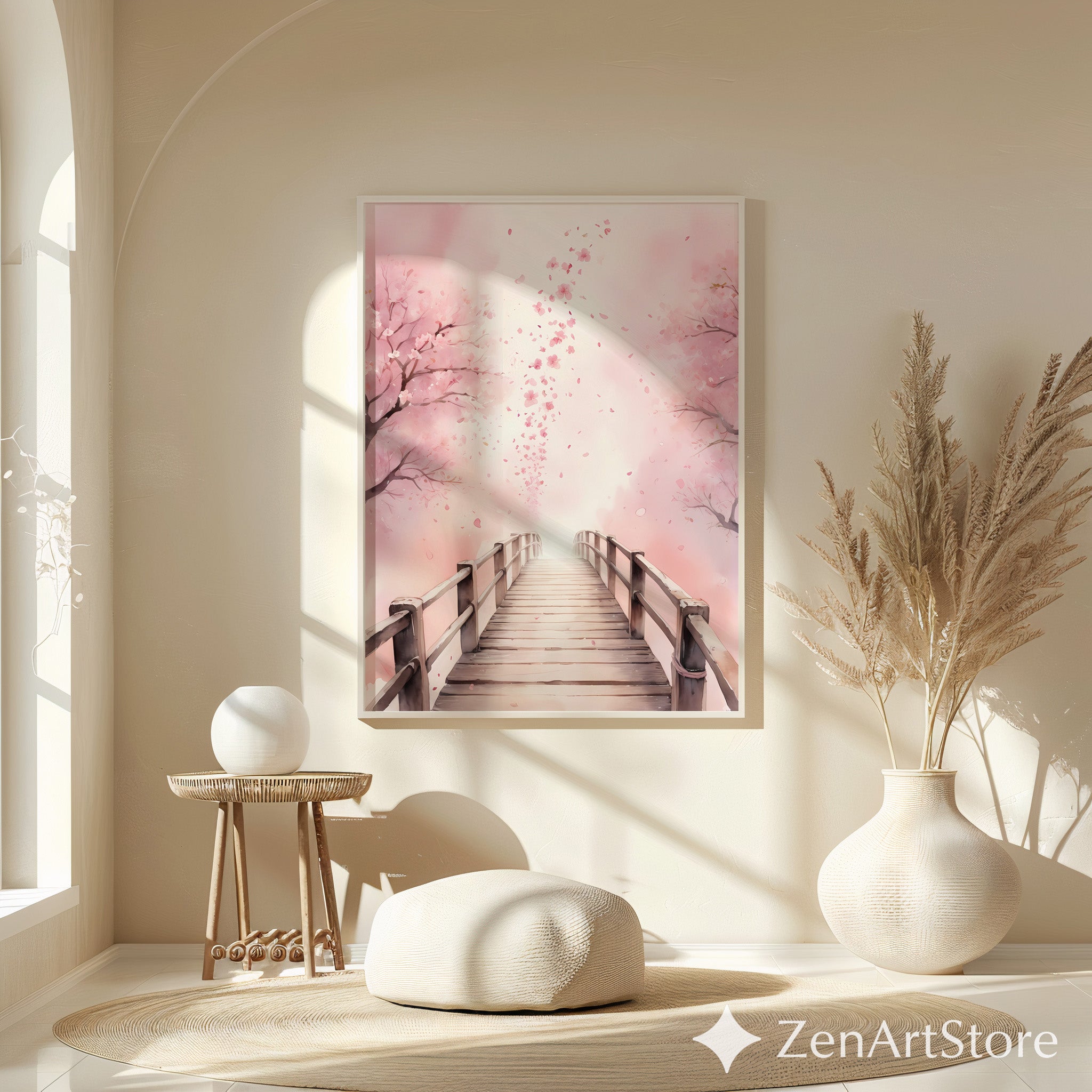 Cherry Blossom Bridge Wall Art - Pink Sakura Canvas Print & Printable, Japandi Minimalist Home Decor