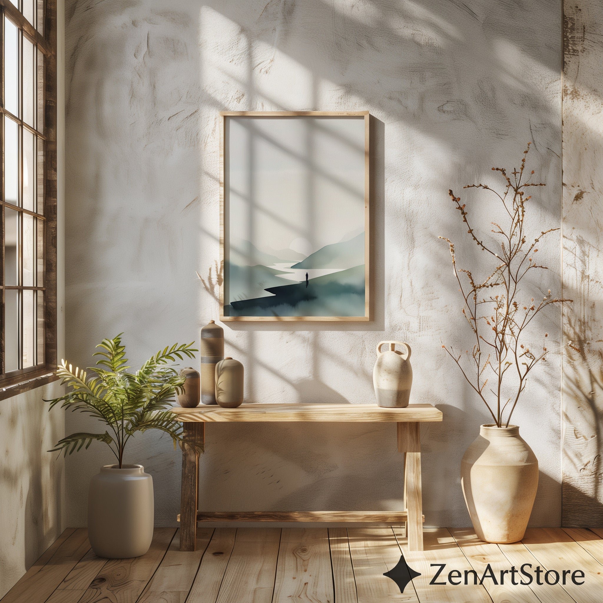 Minimalist Mountain Print - Zen Landscape Wall Art, Japandi Neutral Sun & River, Scandinavian Calm Home Decor