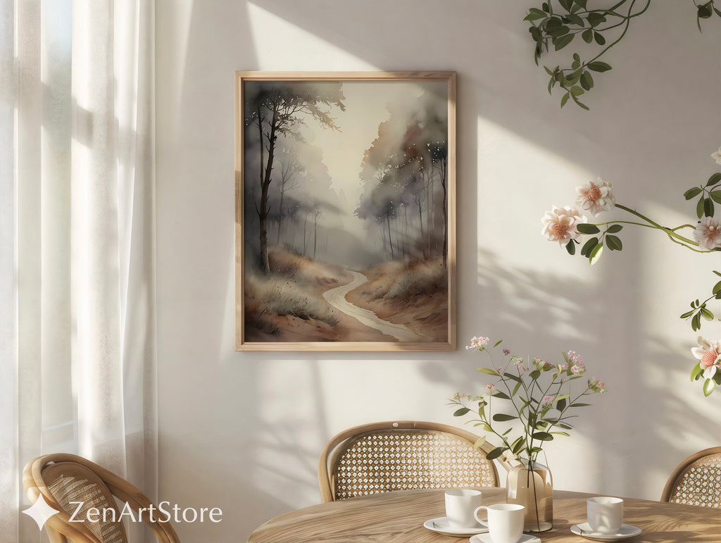 Misty Forest Path Neutral Wall Art Print - Japandi Wabi-Sabi Minimal Landscape for Living Room, Bedroom, Office