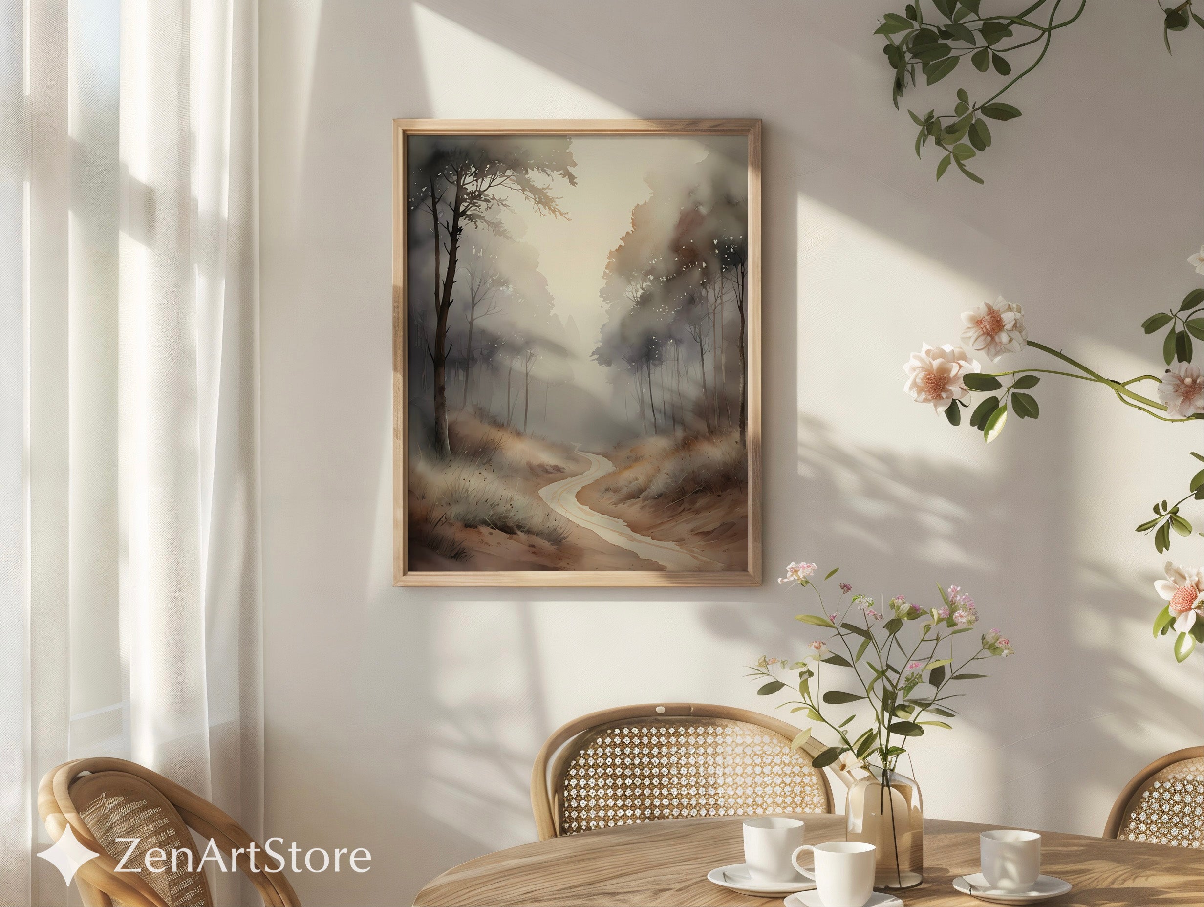 Misty Forest Path Neutral Wall Art Print - Japandi Wabi-Sabi Minimal Landscape for Living Room, Bedroom, Office