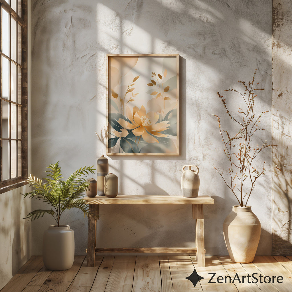 Golden Lotus Botanical Wall Art - Neutral Beige & Sage Floral Print, Japandi Minimalist Abstract Flower Poster