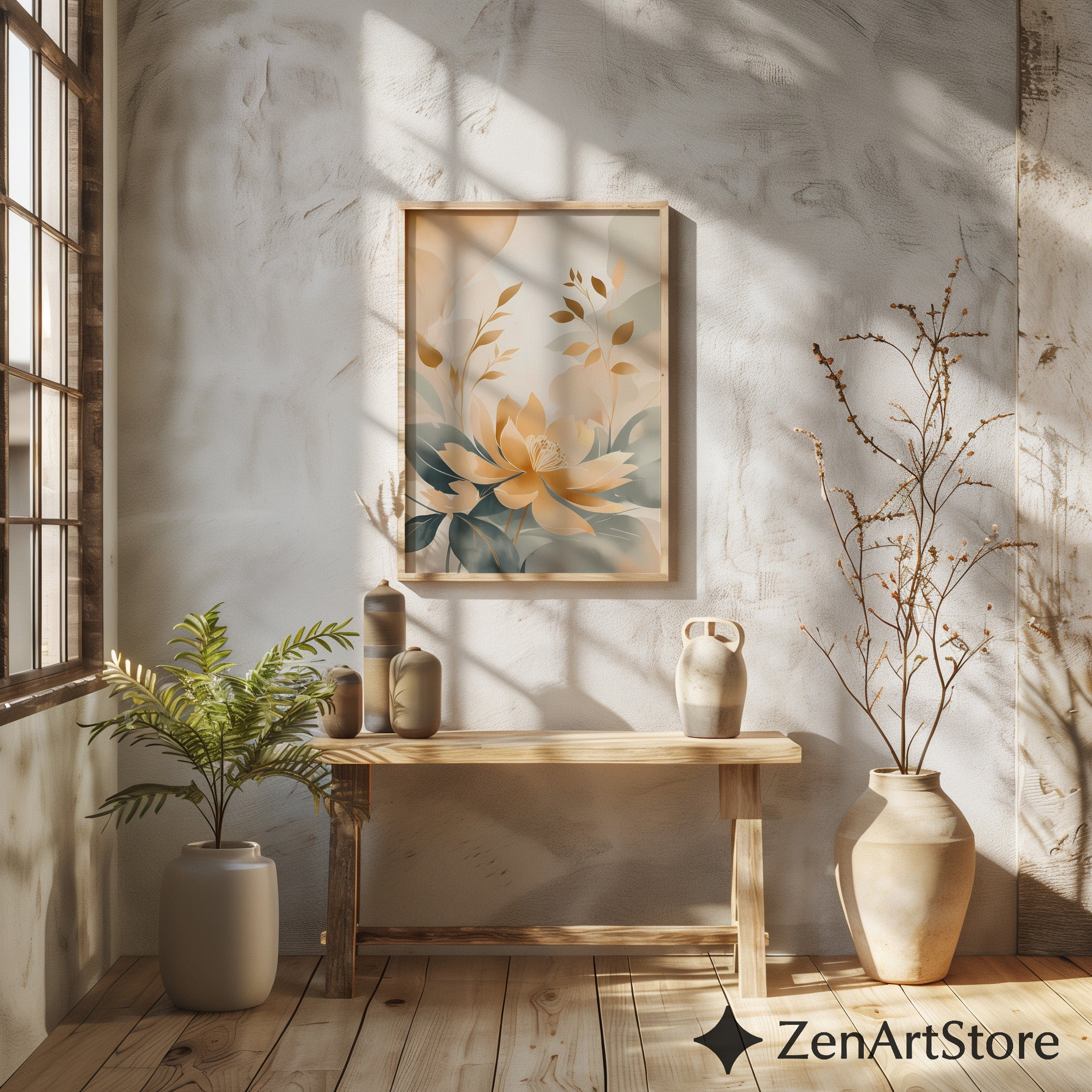 Golden Lotus Botanical Wall Art - Neutral Beige & Sage Floral Print, Japandi Minimalist Abstract Flower Poster