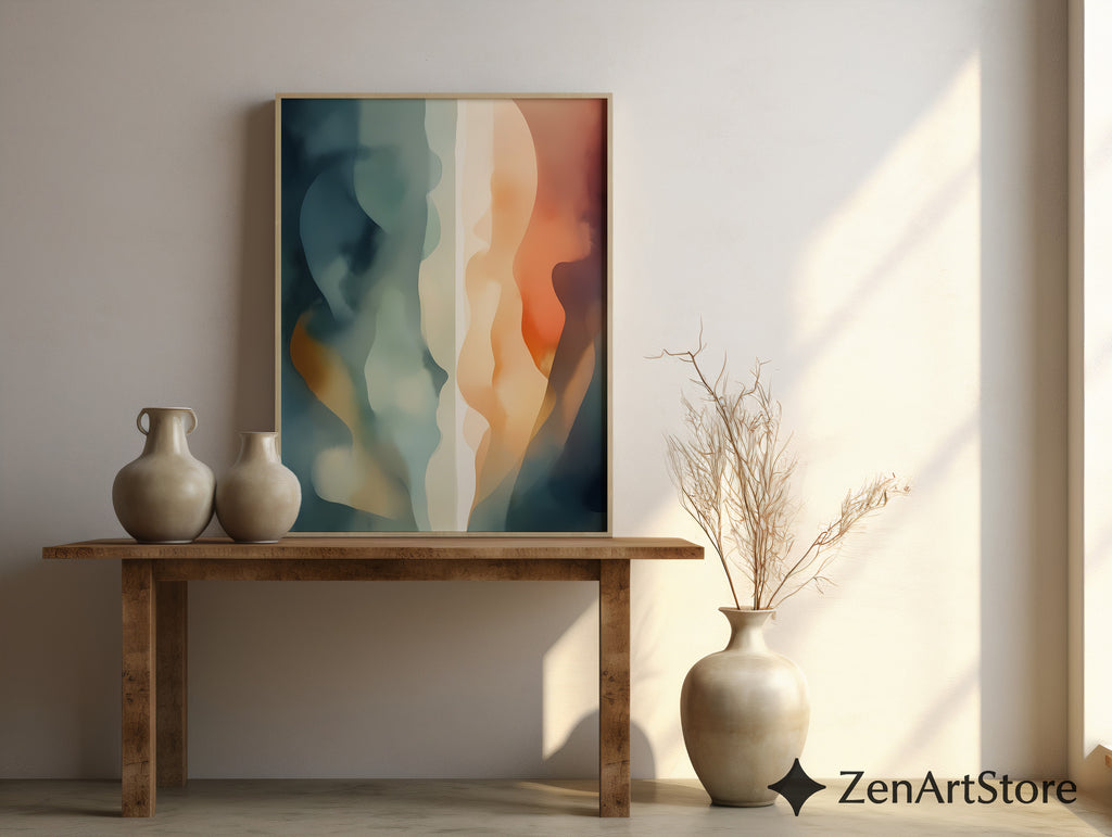 Abstract Fluid Wall Art Print - Calm Teal, Beige & Orange Minimalist Modern Home Decor, Japandi Wabi Sabi