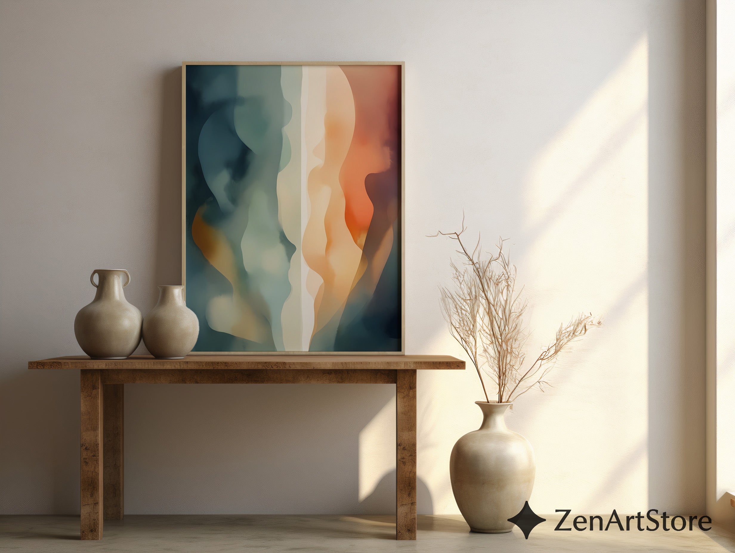 Abstract Fluid Wall Art Print - Calm Teal, Beige & Orange Minimalist Modern Home Decor, Japandi Wabi Sabi
