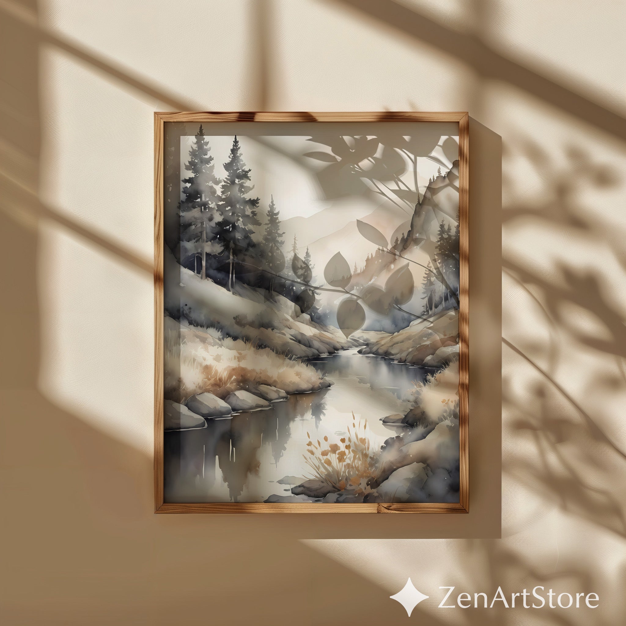Misty Mountain Watercolor Print - Neutral River Landscape Japandi Wabi-Sabi Wall Art Calm Beige Minimal Home Decor