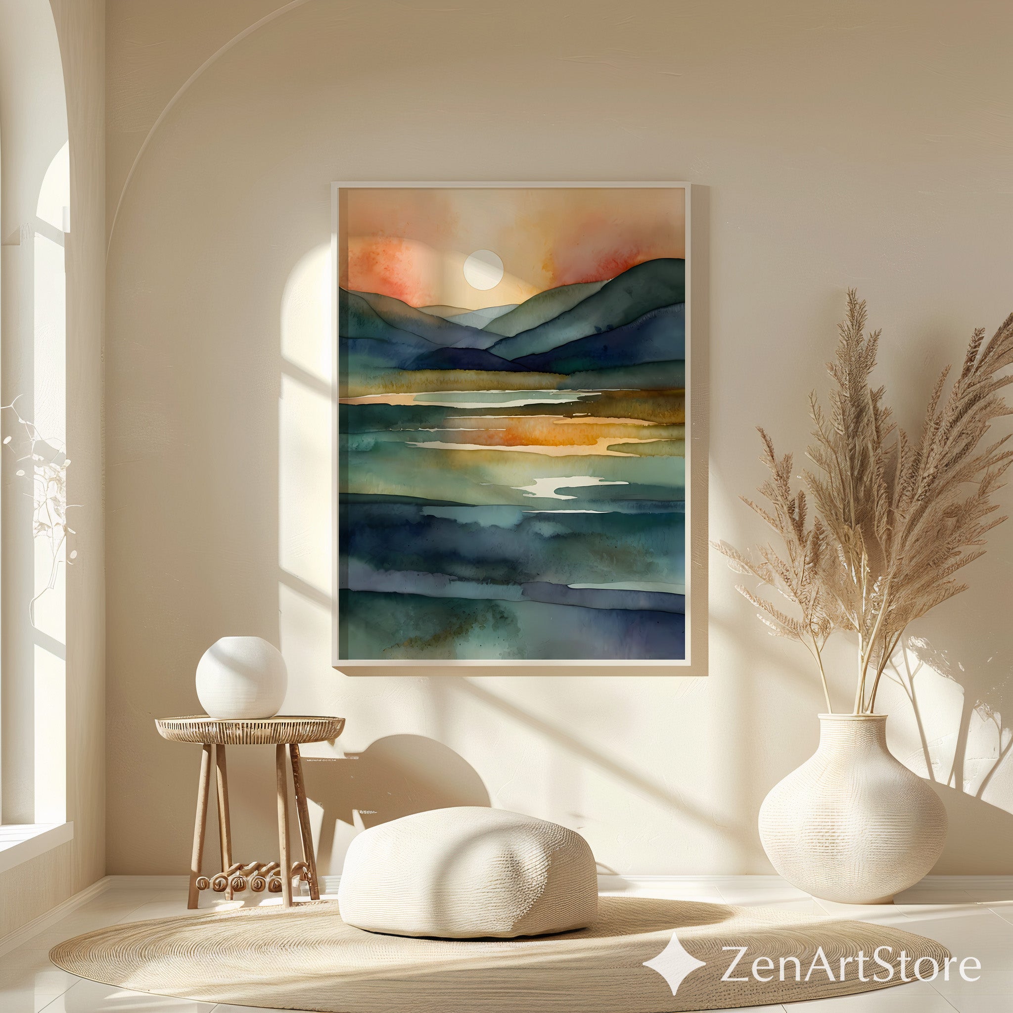 Serene Watercolor Landscape Print - Sunlit Mountains & Lake, Abstract Japandi Wall Art in Teal Blue & Warm Beige