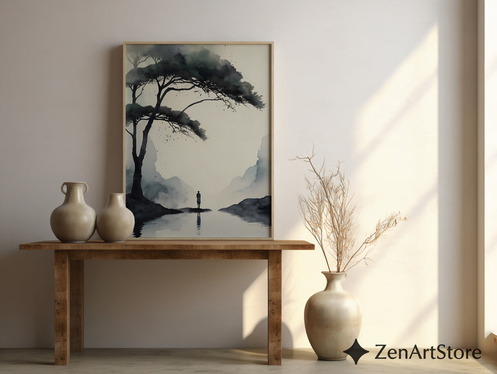 Misty Sumi-e Landscape Print - Zen Minimalist Tree & Solitary Figure Japandi Neutral Wall Art