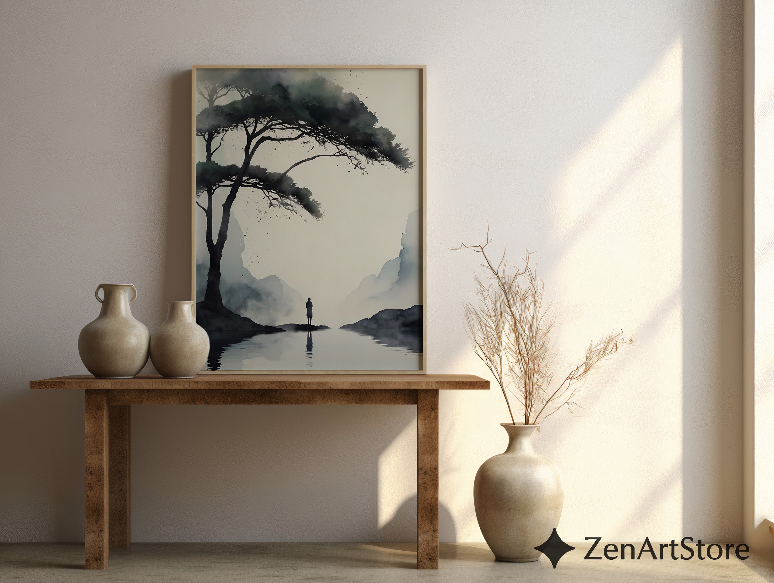 Misty Sumi-e Landscape Print - Zen Minimalist Tree & Solitary Figure Japandi Neutral Wall Art