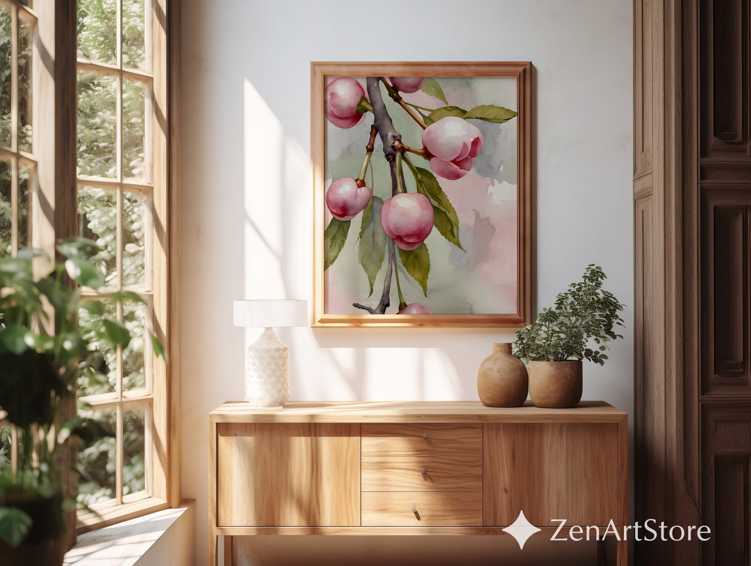 Pink Cherry Botanical Watercolor Art Print - Soft Minimal Floral Wall Decor for Living Room, Bedroom, Nursery, Japandi