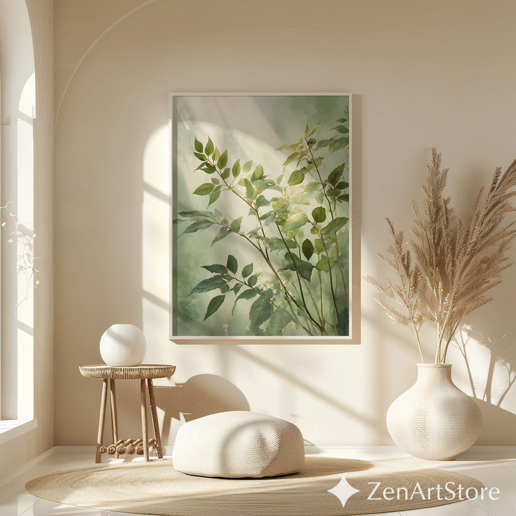 Serene Green Botanical Art Print - Minimal Leaf Wall Art, Japandi Wabi Sabi Neutral Home Decor